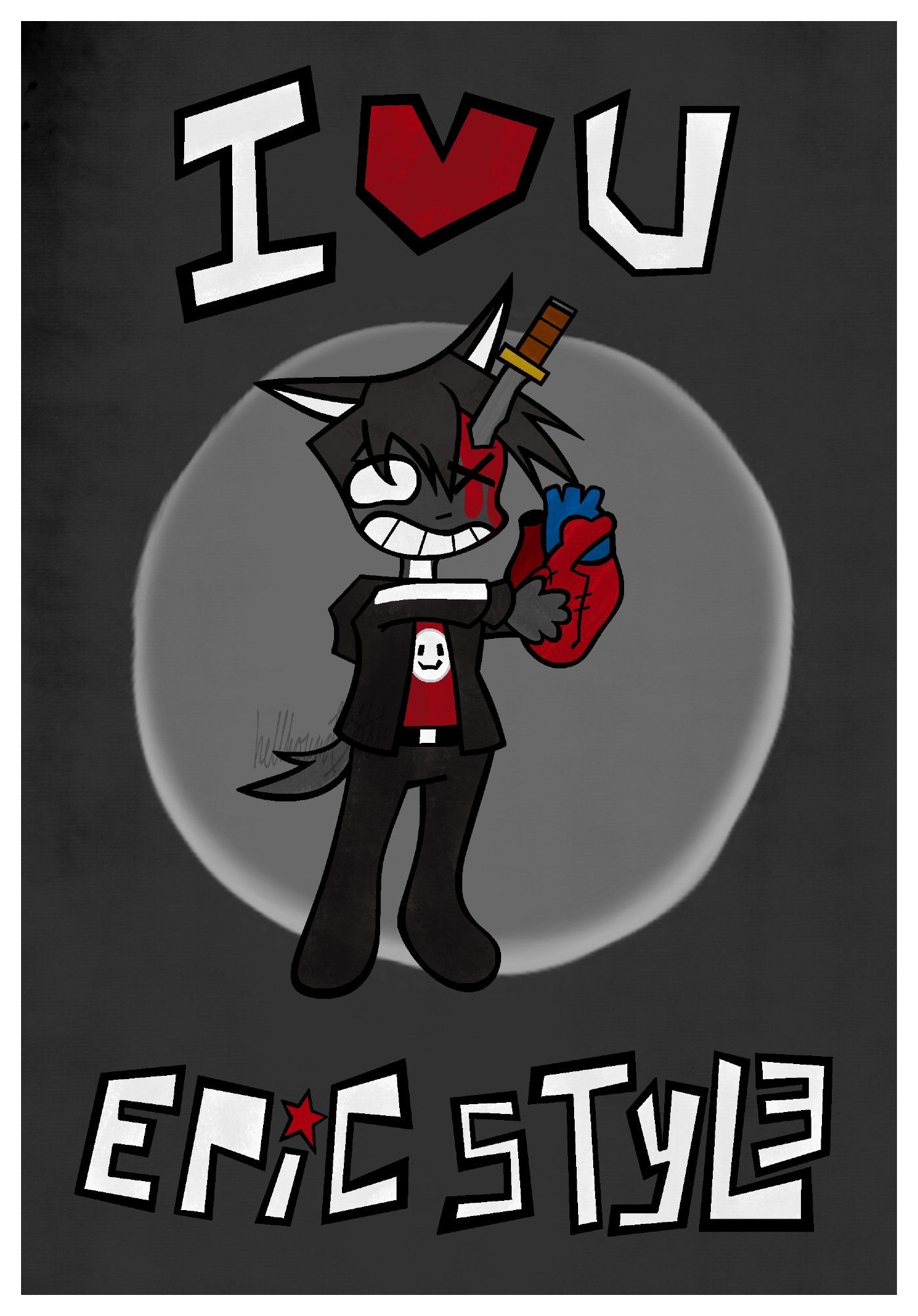 Drawing of an anthropomorphic dog, holding out a heart to the viewer. Dog also has a knife inserted into their head with blood spilling from the wound. The top text says "I (HEART) U", and the bottom text says "Epic Style"