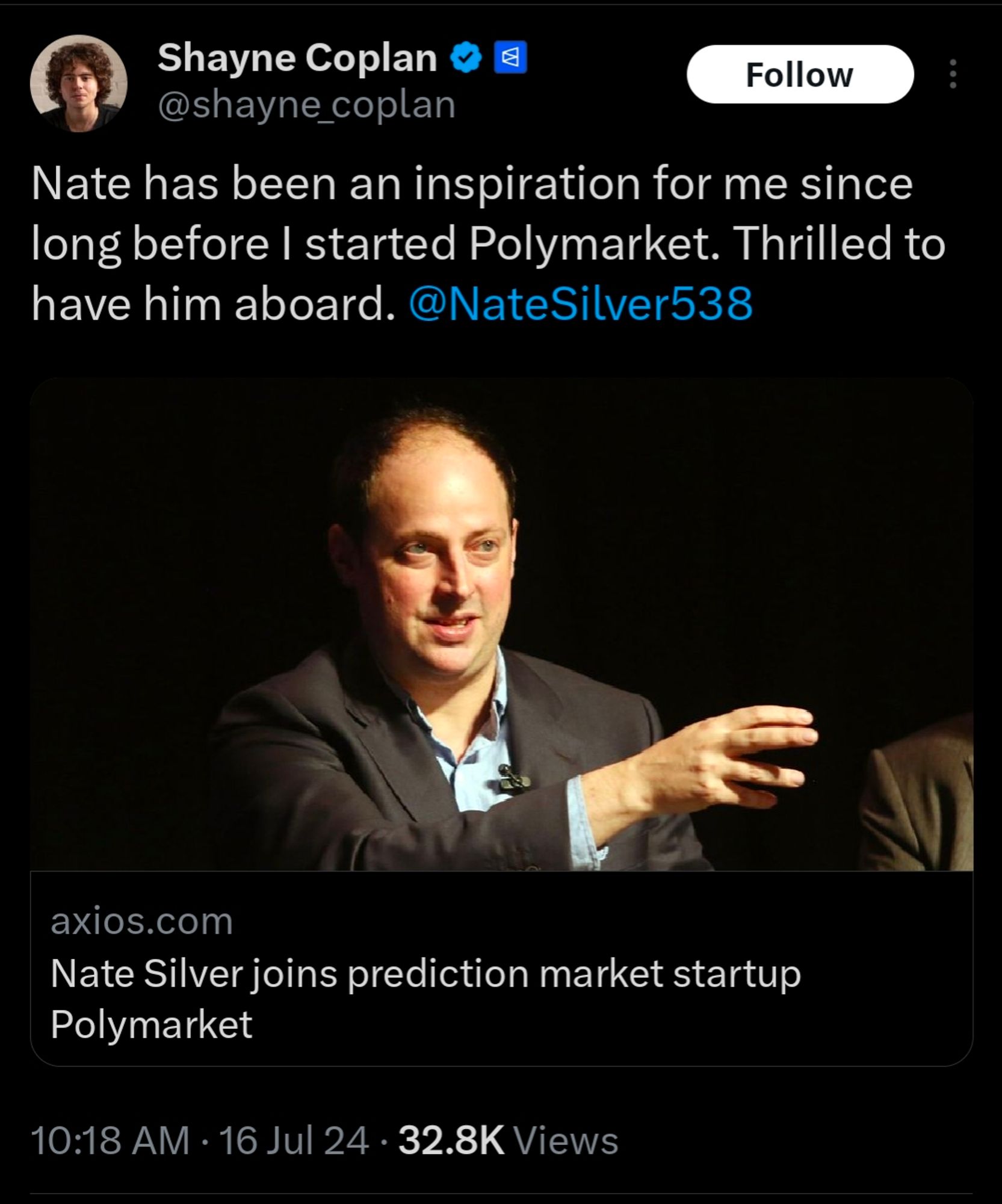 Twitter post by Shayne Coplan, the founder of Polymarket, saying that Nate Silver is an inspiration and he's thrilled to have him aboard.