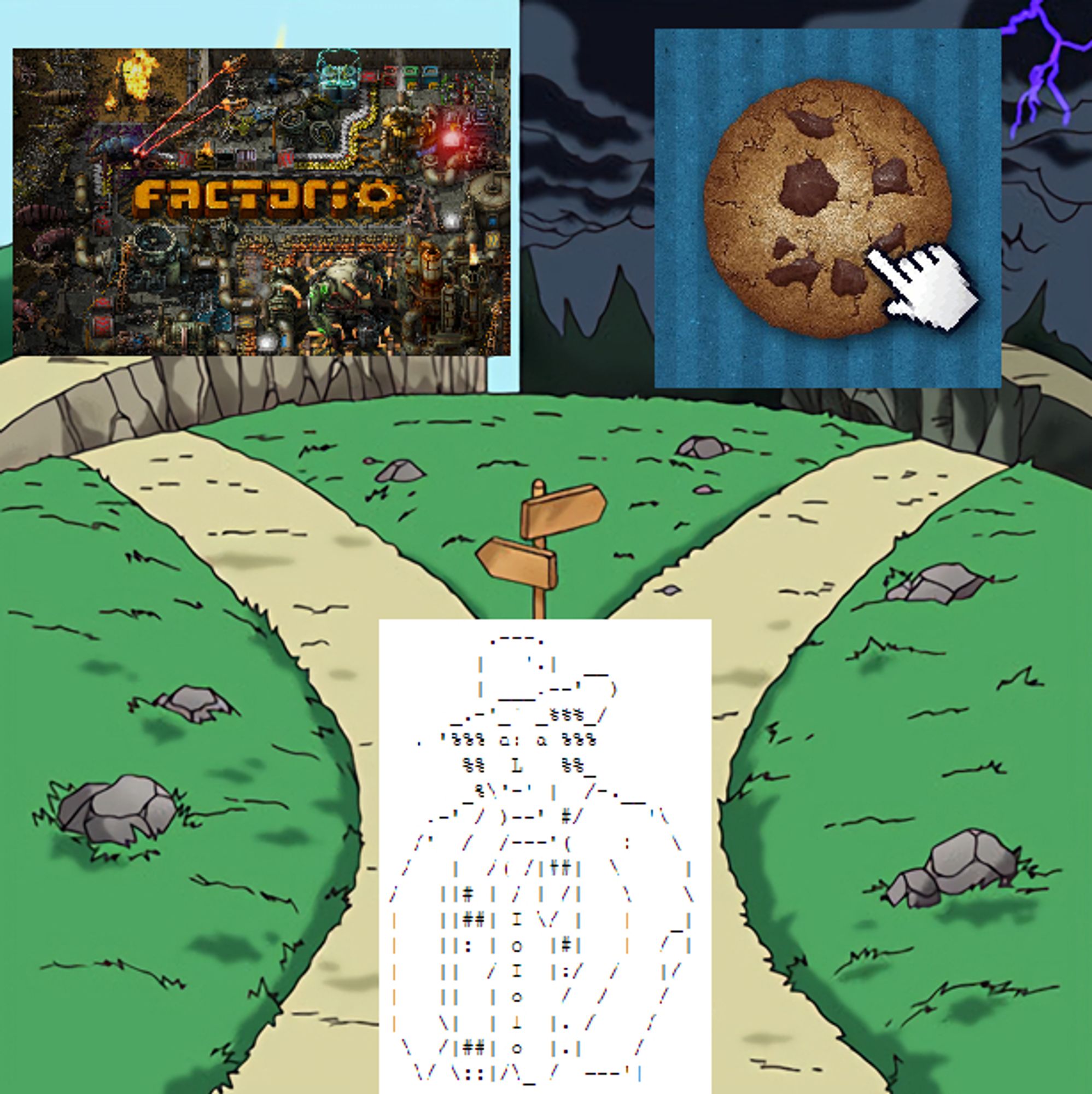 Split path meme with Candy Box ASCII man choosing a path between Factorio on the good side and Cookie Clicker on the bad side