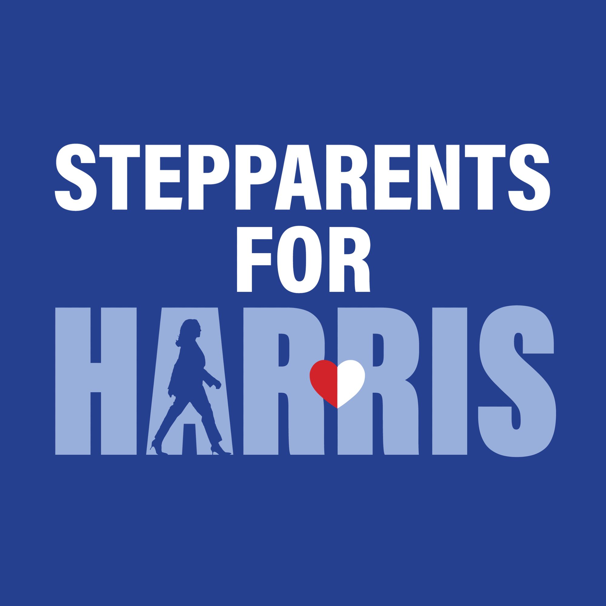 A graphic that reads STEPPARENTS FOR HARRIS, with Kamala Harris in silhouette walking forward in the A of Harris.