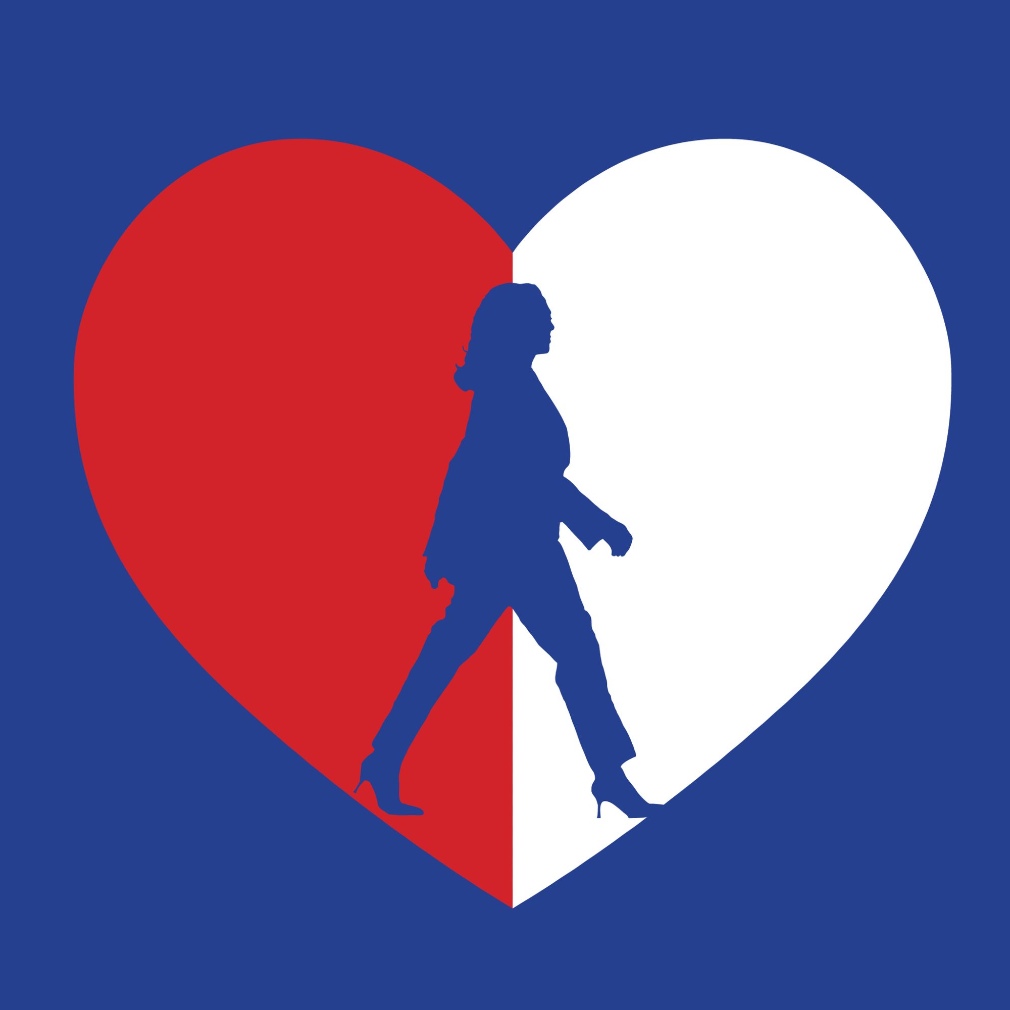 A heart graphic that is half red and half white with a blue silhouette of Kamala Harris walking forward.