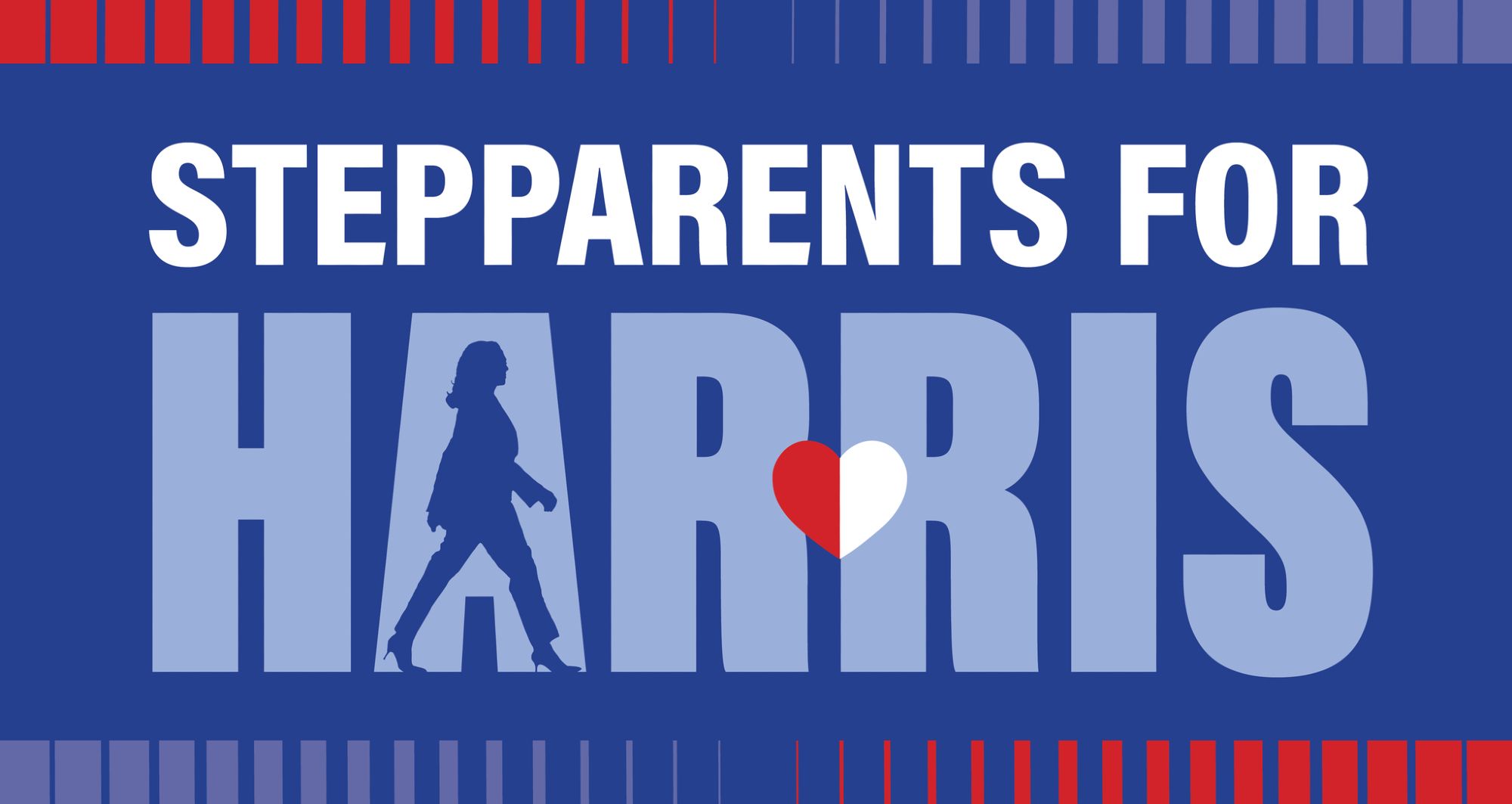 Graphic that reads STEPPARENTS FOR HARRIS. There is a silhouette of Kamala Harris in the letter A of Harris, walking forward.