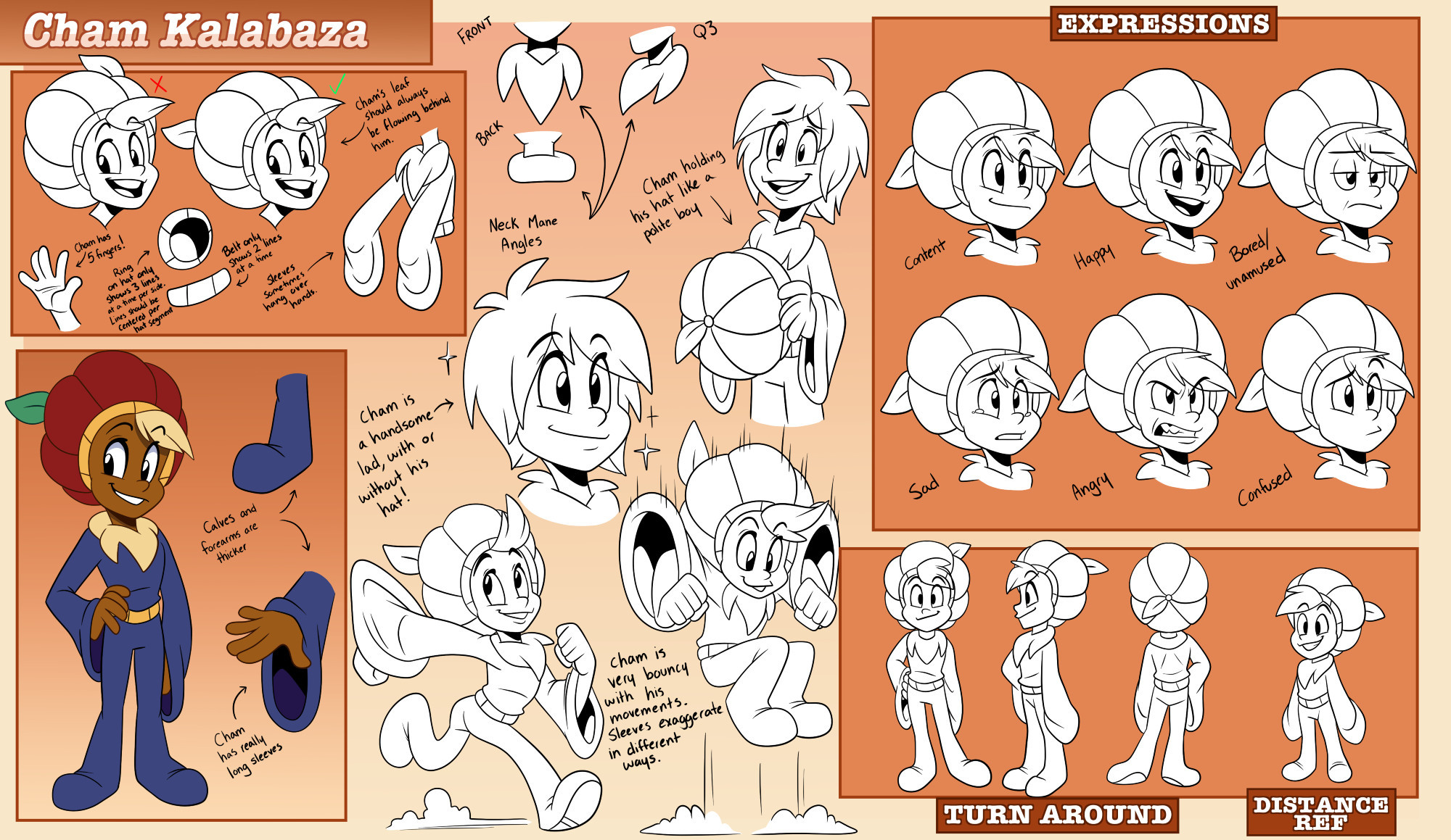 Character reference sheet for a Scarecrow named Cham Kalabaza! 