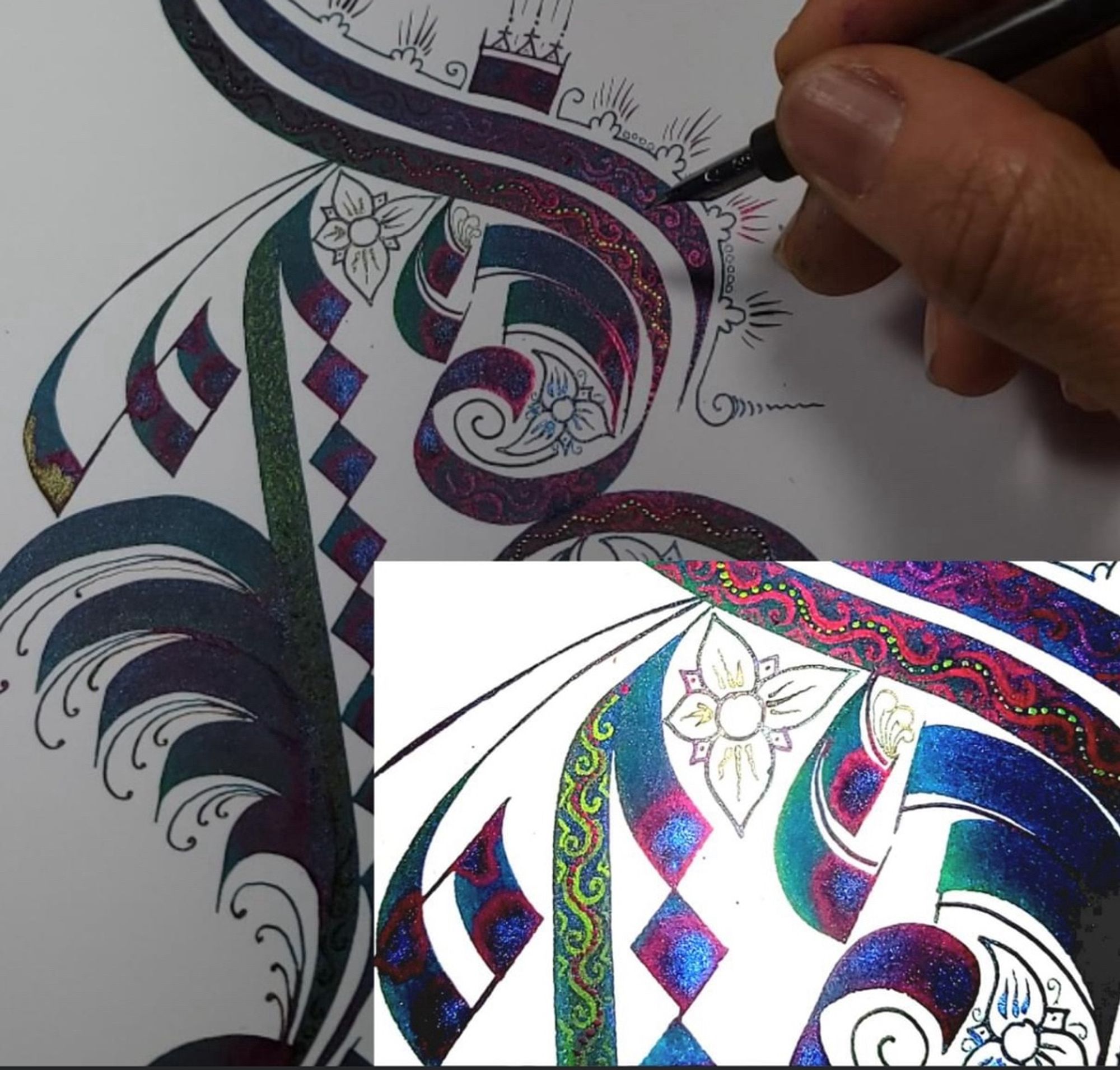 Illuminated calligraphy by Juanita Watkins. The letter P, in 6mm parallel pen with several types of ink. It is… intricate. There is an insert in the image of a close-up of detail work showing the actual vibrant colors of the ink. If anyone can write sigils, she can.