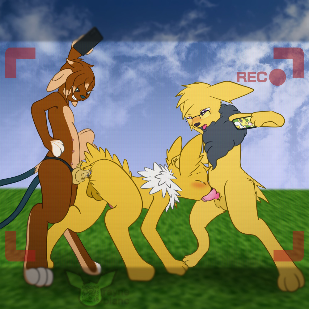 Bonnie the Raichu and Storm the Jolteon spitroasting another Jolteon