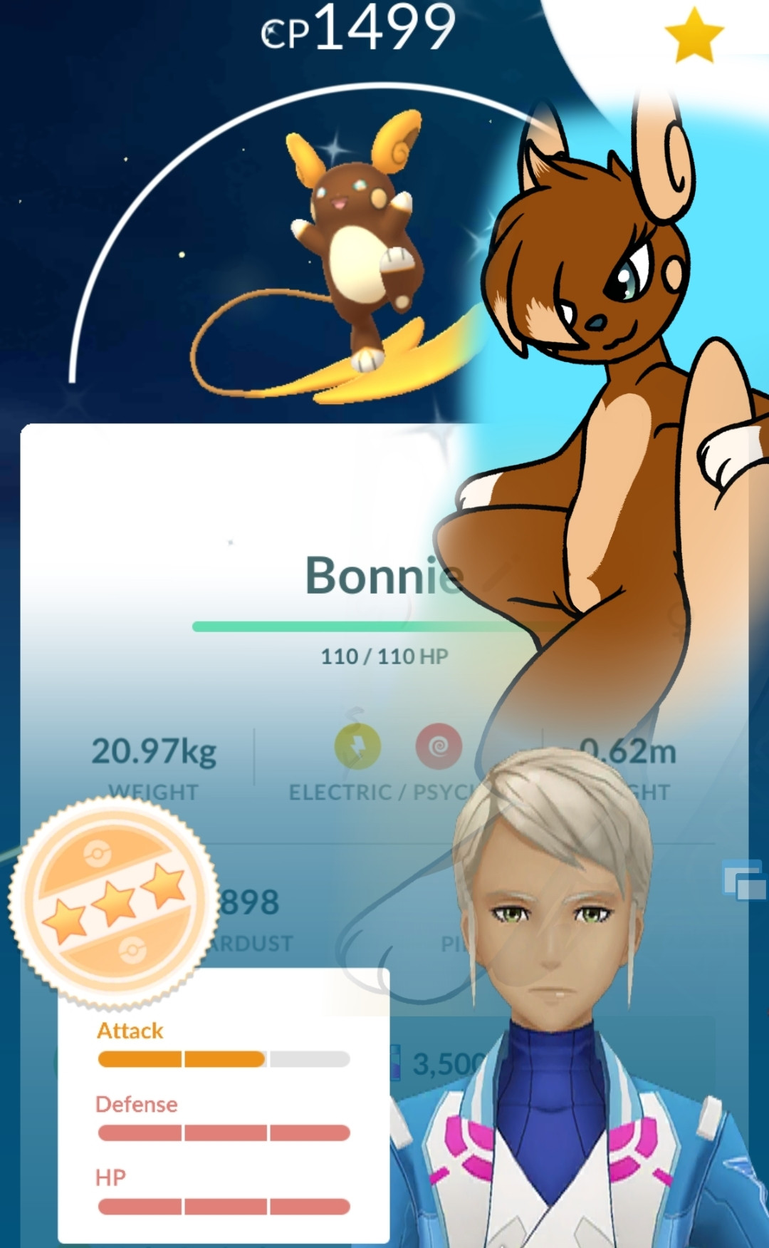 Bonnie's design sketch superimposed on a screenshot of the Pokémon GO Raichu that inspired her