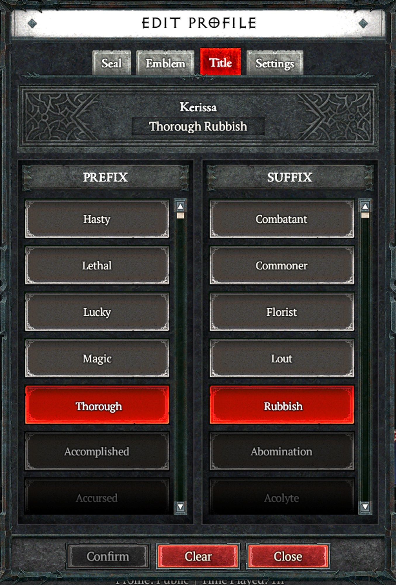 A screenshot of the "edit profile" window in Diablo IV. It shows various prefix and suffix options one can choose to assemble a custom title. The currently-selected options create the title "Thorough Rubbish".