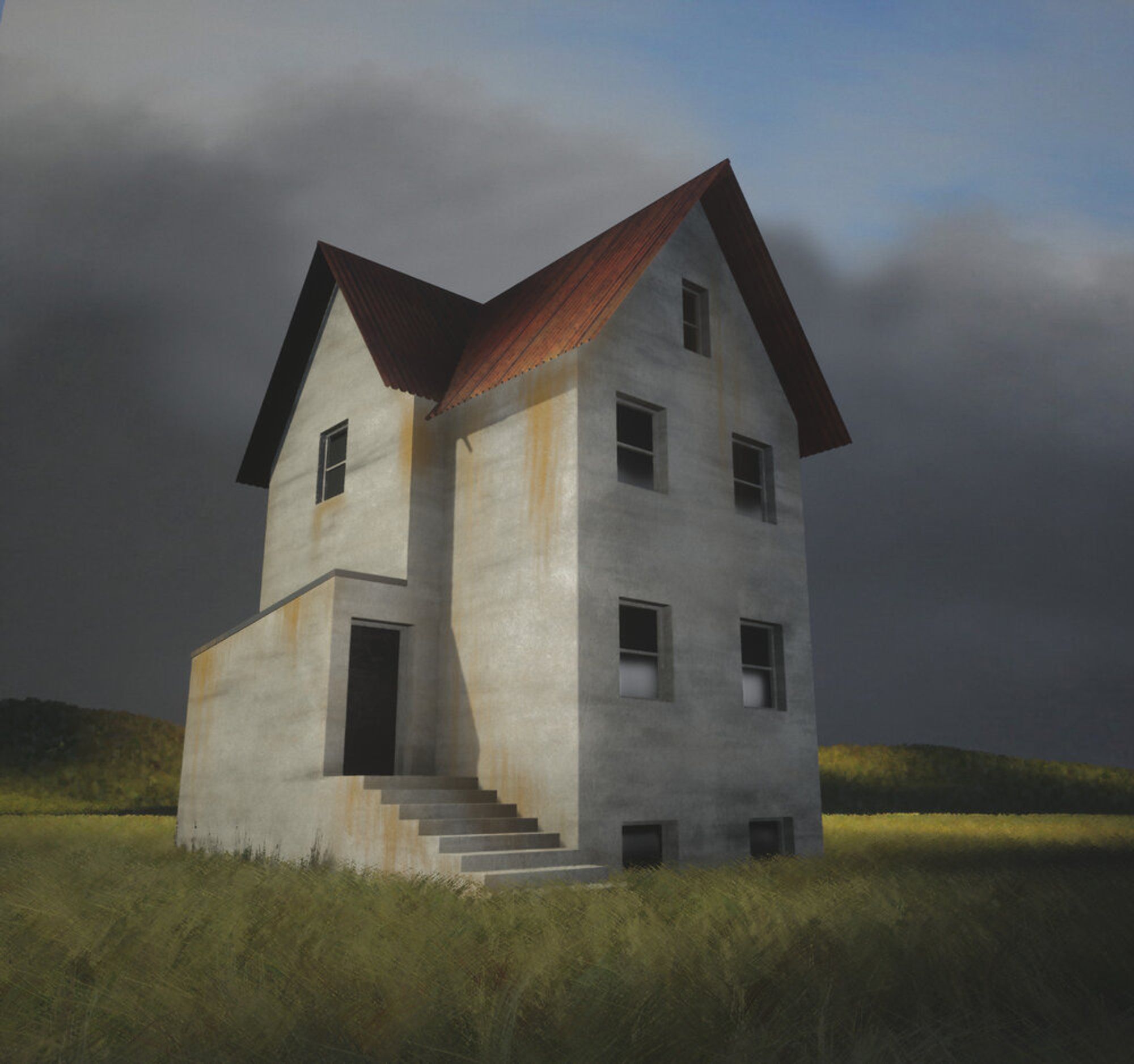 A three story house in the middle of field, with grey clouds looming in the background