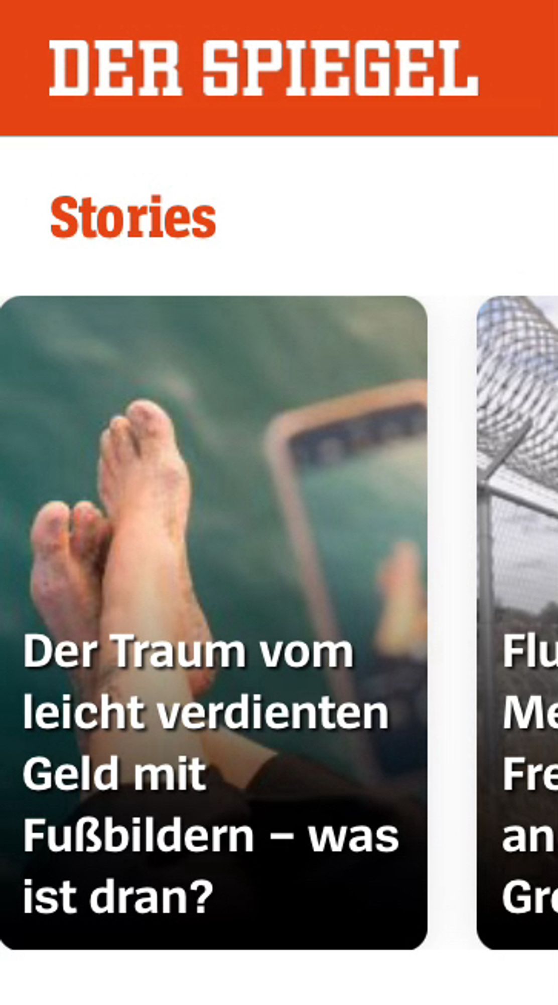 Screenshot Spiegel Online: Ein paar nackte, nicht sonderlich schöne Füße und die Zeile: „Der Traum vom leicht verdienten Geld mit Fußbildern – was ist dran?“