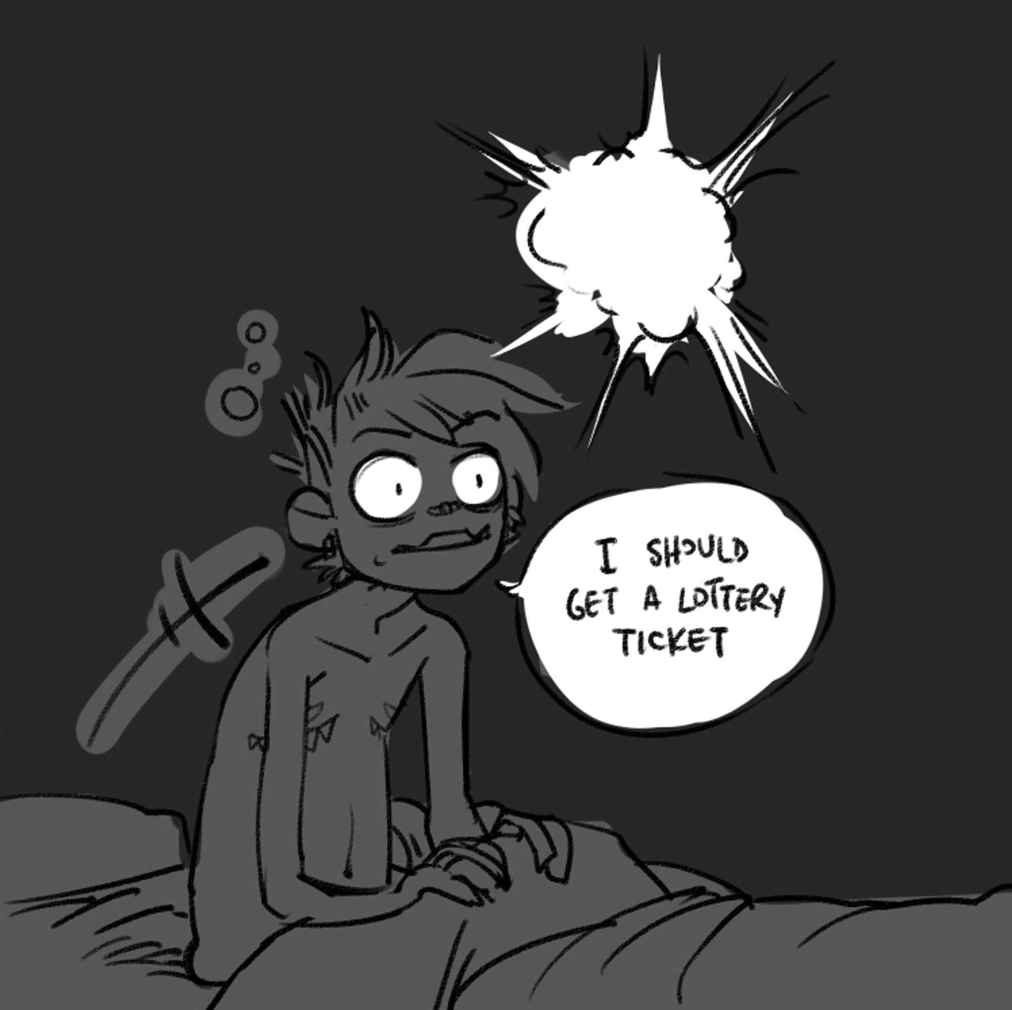 Comic panel 2: MonsterBoy wakes up abruptly. His speech bubble reads, "I should get a lottery ticket"