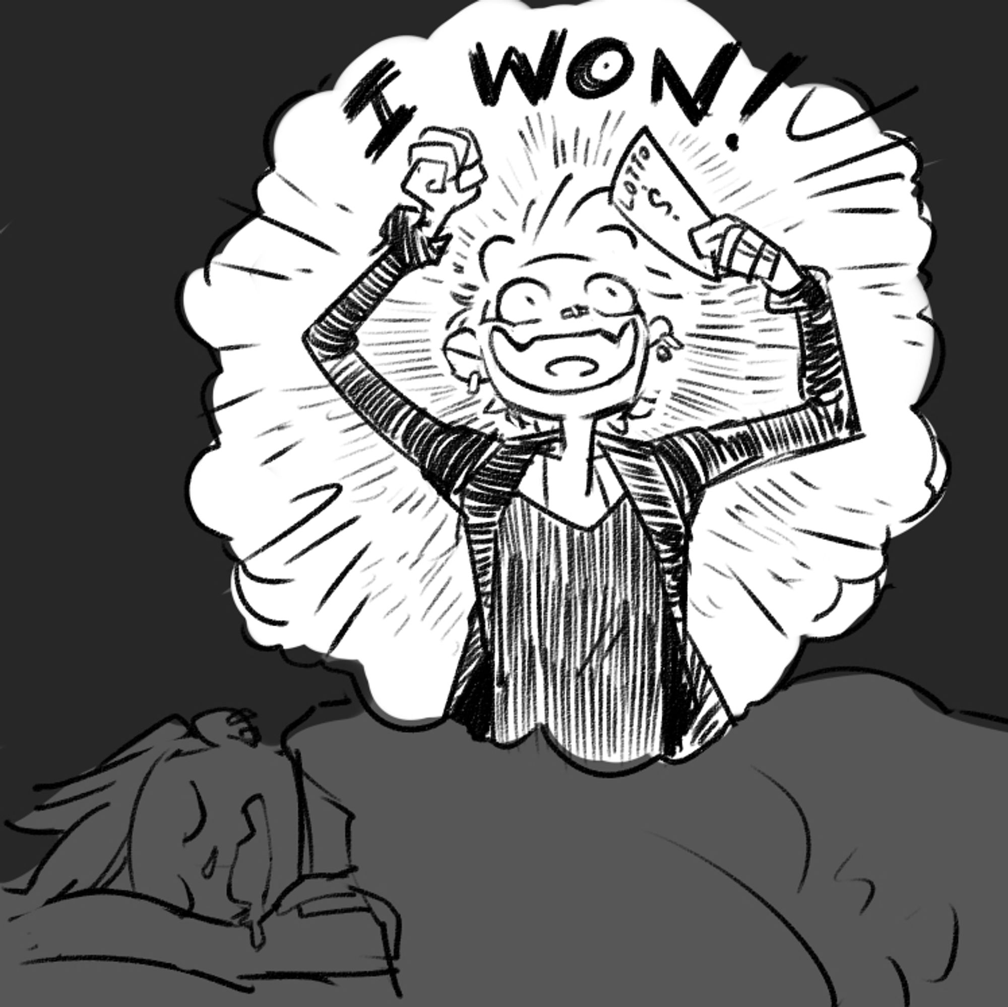 Comic panel 1: MonsterBoy asleep, dreaming that he's won the lottery.