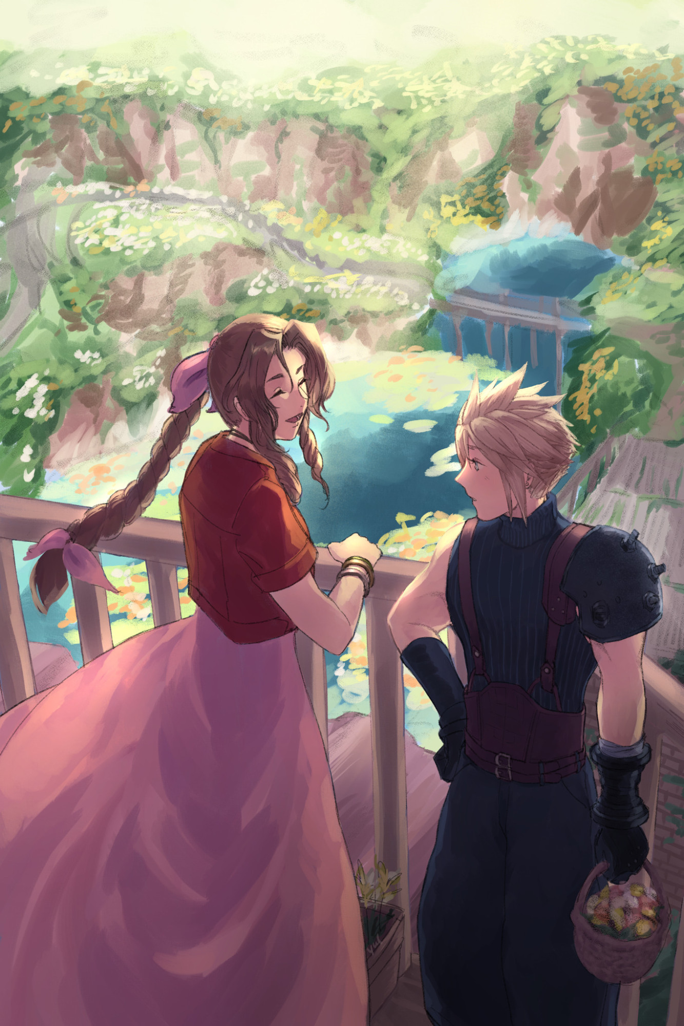 aerith smiles at cloud, who's holding a flower basket, as they stand on the balcony of her house, overlooking her pond & garden