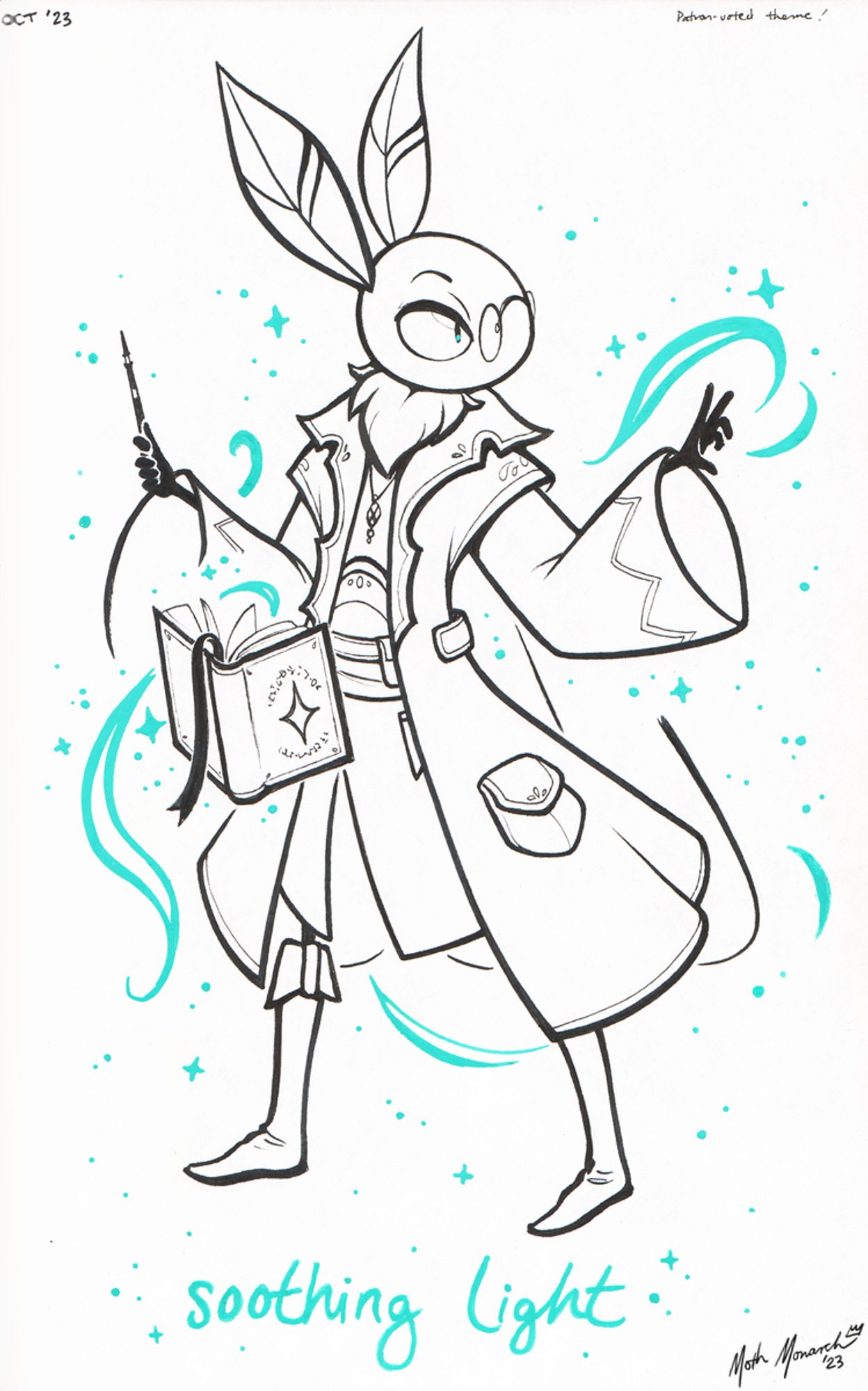 A cartoon moth in an elaborate robe, large round glasses, and tall boots casts a magic spell, holding a wand in their hand with a book levitating in front of them. Teal swirls and sparkles create a magical effect around them. At the bottom, "soothing light" is written.