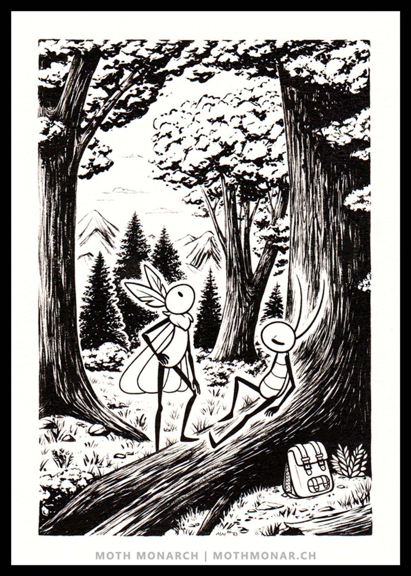 Scan of a piece of black and white artwork. Two cartoon insects take a break from their walk in the forest by resting on a large tree root. A backpack rests against the root in the lower right corner. There are pine trees and mountains in the distance.