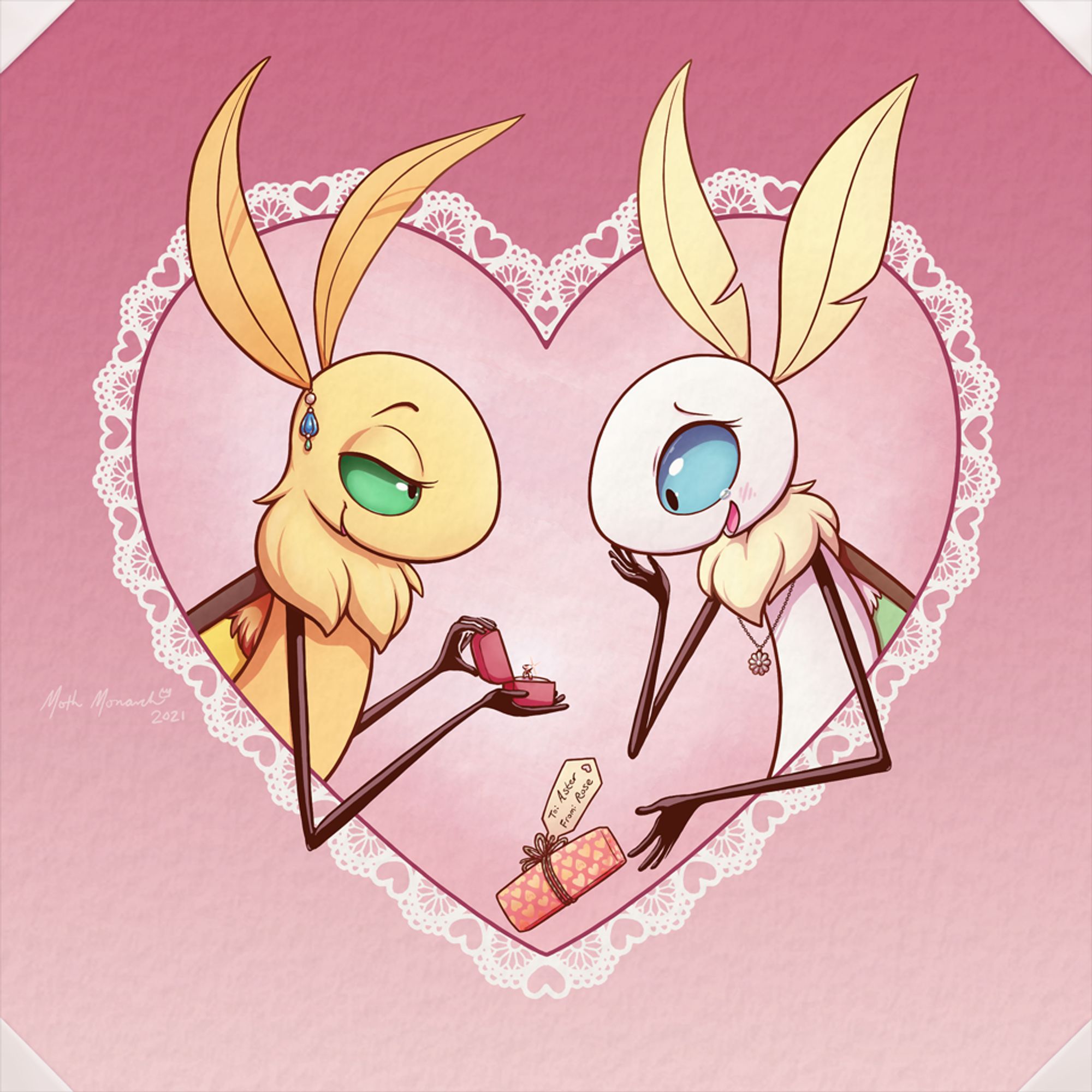 Digital art of two cartoon moths framed by a lace-bordered heart cutout. They're the same two characters as the previous image in the post. The left Comet moth is smiling confidently and holding open a ring box to reveal a small ring. The right Luna moth is clearly surprised - she has one hand raised to her face, is tearing up while smiling, and has just dropped the gift she had for her partner.