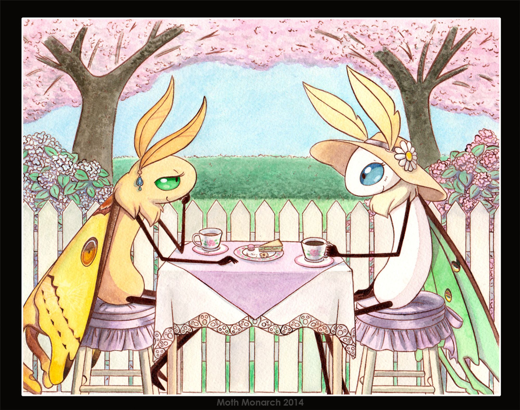 Traditional artwork in sepia ink and watercolor of two cartoon moths having tea at a table outdoors. The yellow Comet moth on the left is gazing across the table with a smile at a pale cream and green-winged Luna moth wearing a floppy sunhat with a daisy on the brim, who is smiling back a little shyly. They are seated on stools with ruffled lavender covers that match the table accent. Immediately behind them is a white picket fence, with hydrangea bushes and pink-colored trees framing them from either side behind the fence. The overall palette leans into a pastel look.