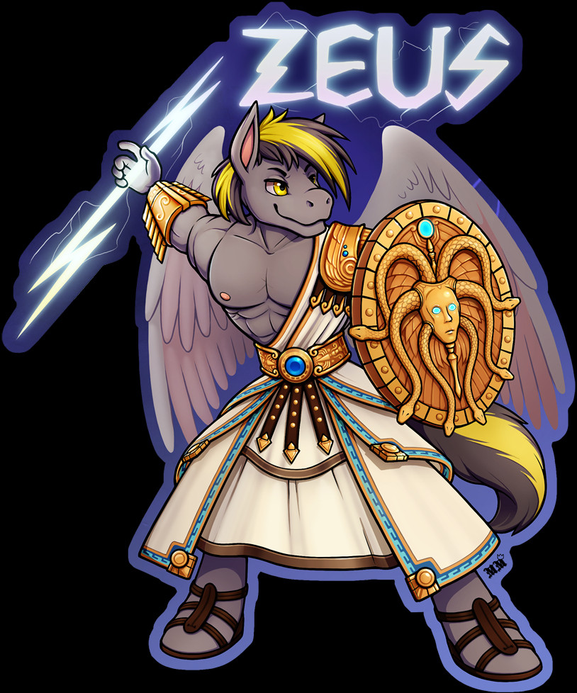 Digitally drawn character badge art of an anthro pegasus pony dressed up as Zeus from the game SMITE (this character is also named Zeus, as written above his head). The character design is mostly gray with darker gray and yellow-streaked hair. He is posed in a broad stance, holding a golden shield with a medusa head design in one hand with the other arm outstretched and holding a lightning bolt. The outfit consists of a multi-layered robe baring most of his chest with a golden shoulder pauldron on one side, a fancy golden belt with a blue gem inset at the center, a gold bracer on the visible arm, and brown sandals. He has a determined smirk as he faces right.