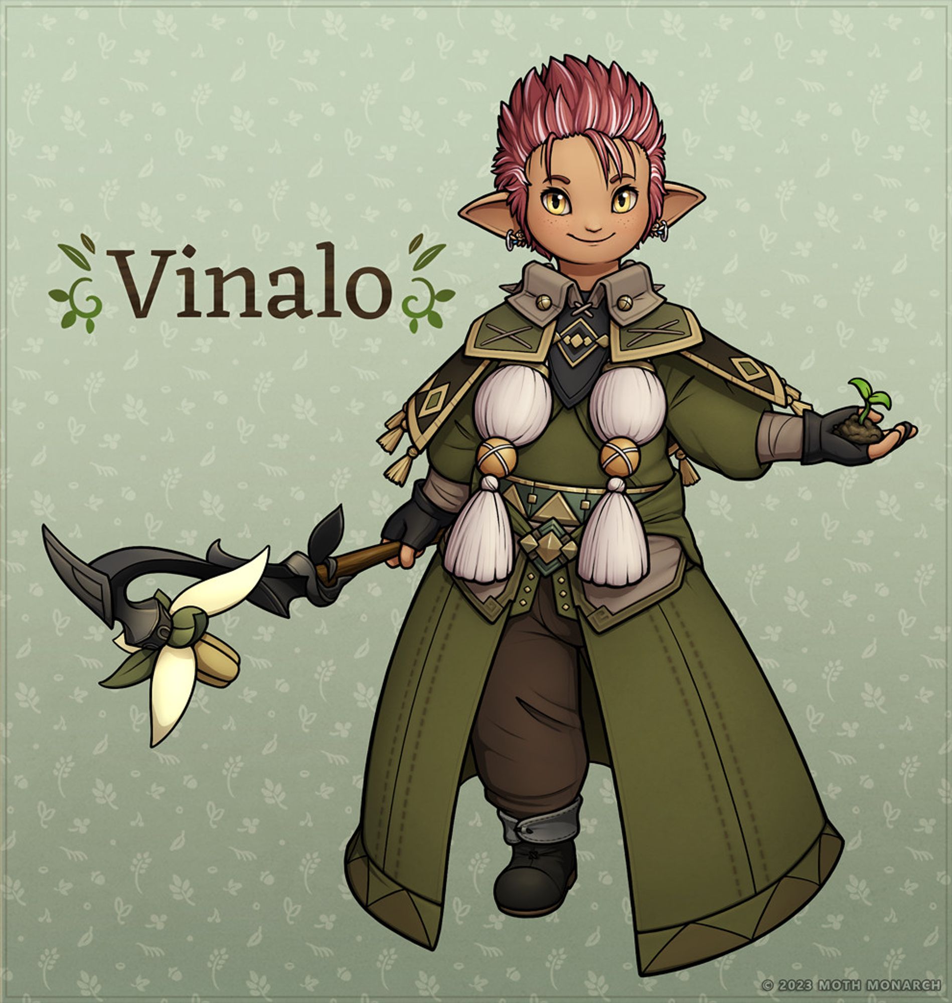 Digital art of a lalafell white mage from FFXIV. They have tan skin, golden eyes, short red hair with white streaks, and are wearing a long muted green robe with large white tassels, metallic details, and decorative stitching, as well as fingerless gloves, simple brown pants, black shoes, and multiple pairs of earrings. They have a wooden and metal staff with a flower-like head at the top in one hand and a small mound of dirt with a sprout growing out of it in the other hand. The name "Vinalo" is written to their left with some leaf-inspired accents framing it. A faint pattern in the soft green background is made up of different leaves and dots.