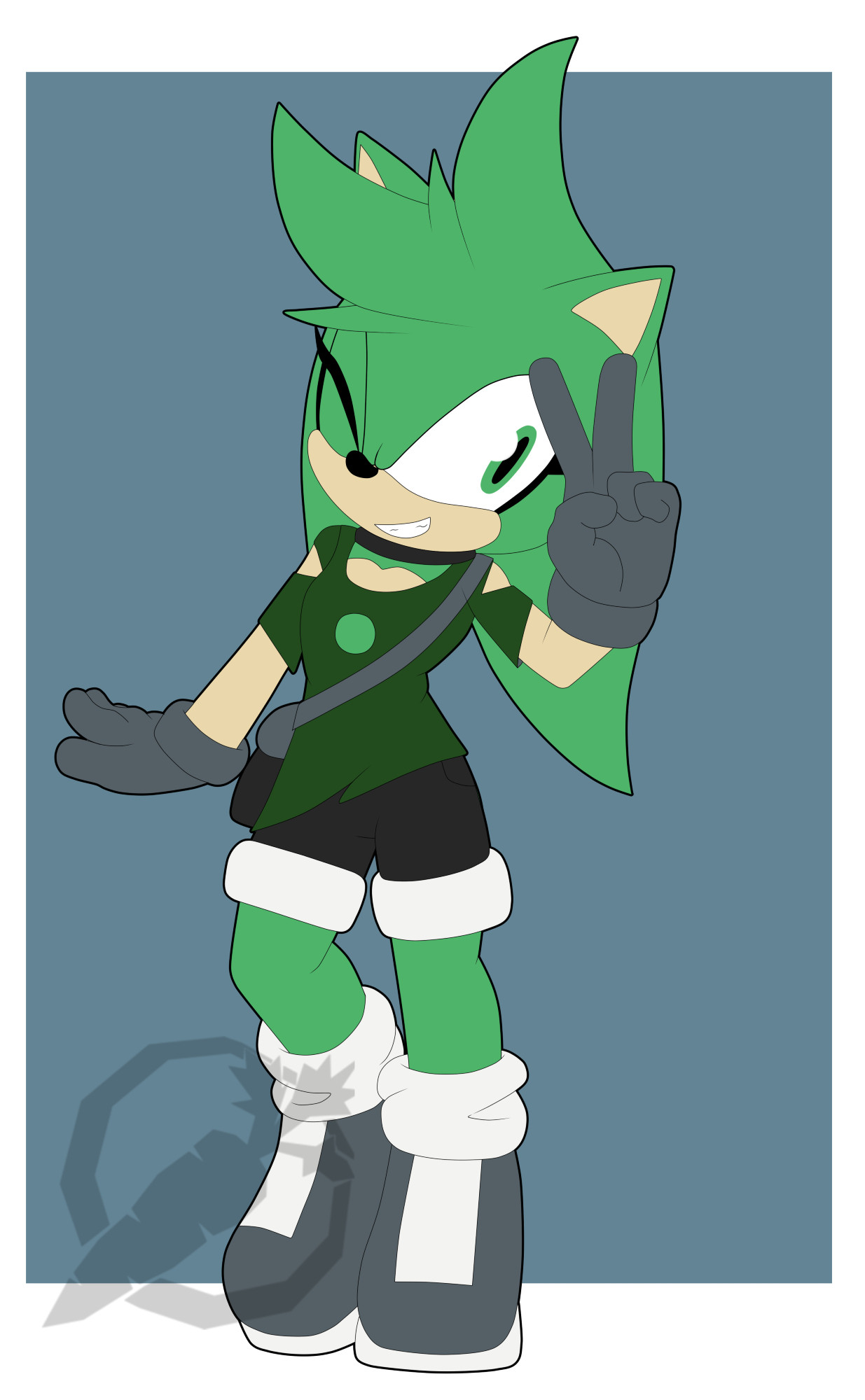 Pea the Green, a mobian hedgehog doing a cute pose as tossing up a peace sign