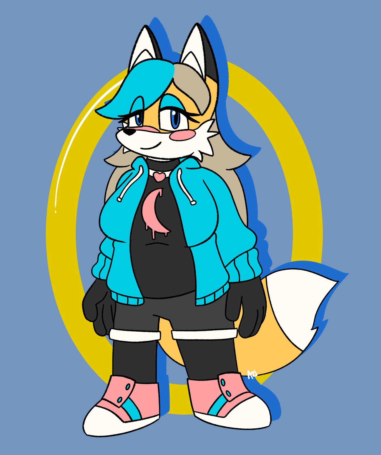 Azikira the Fox, a chubby mobian girl with trans color clothes and a melty moon shirt