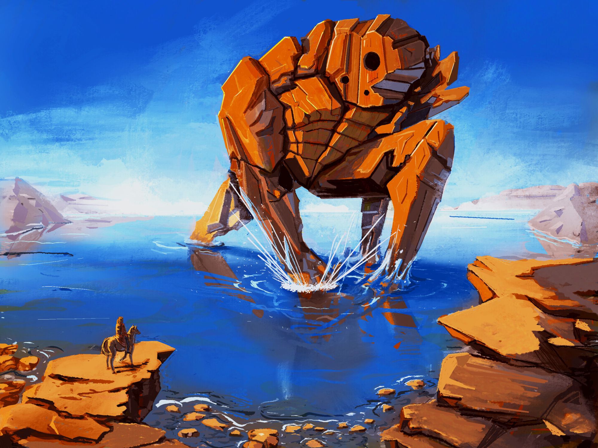 A giant stone man is walking over a barren environment over a blue lake. In the foreground a woman on a horse is observing the creature.