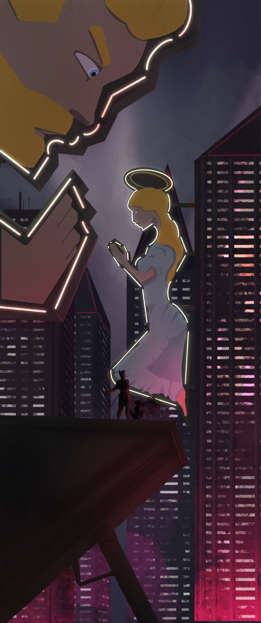 A cityscape with intimidating saintly neon light figures looking down on below. Two devil like women are looking at the sight, contemplating.