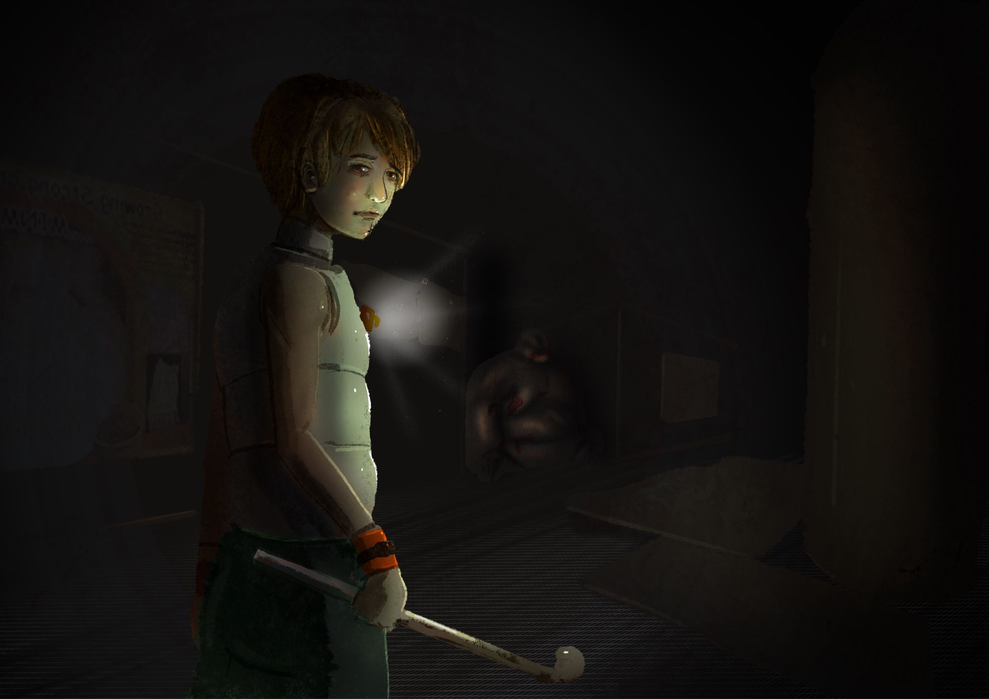 Heather from Silent Hill 3 is walking in a dark and nightmare like decayed subway. A monster is sitting quietly nearby.