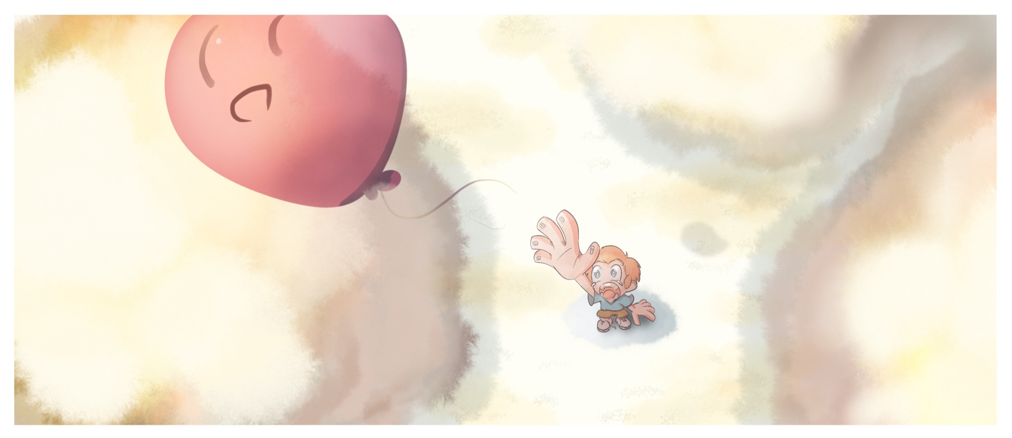 There is an autumn field with fluffy trees. A little boy is reaching for a balloon that got away. The balloon looks happy to escape.