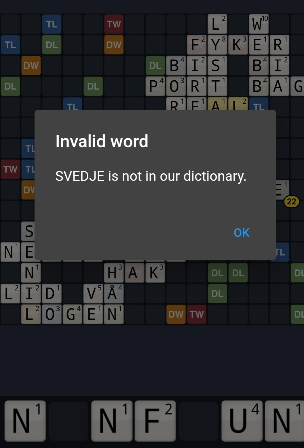 Skjermdump fra Wordfeud med beskjeden "SVEDJE is not in our dictionary."