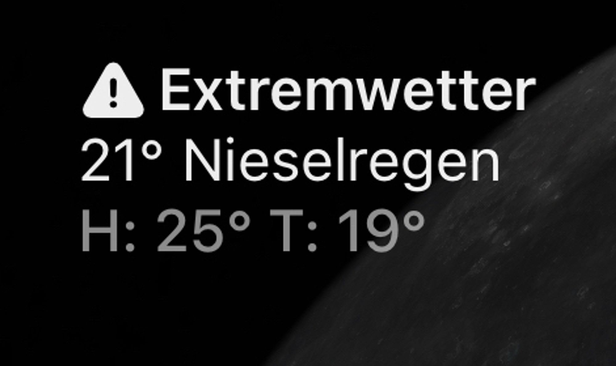 Wetterwarnung:
Extremwetter
21° Nieselregen