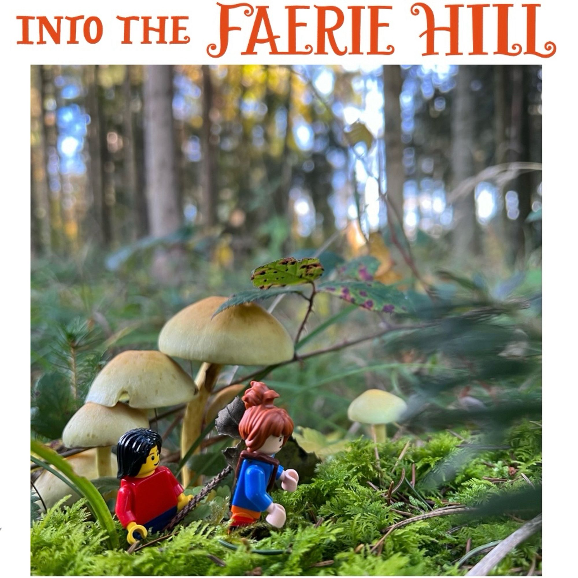 Lego minifigures of Alfred and Saga from Into The Faerie Hill are hiking in the woods among giant mushrooms