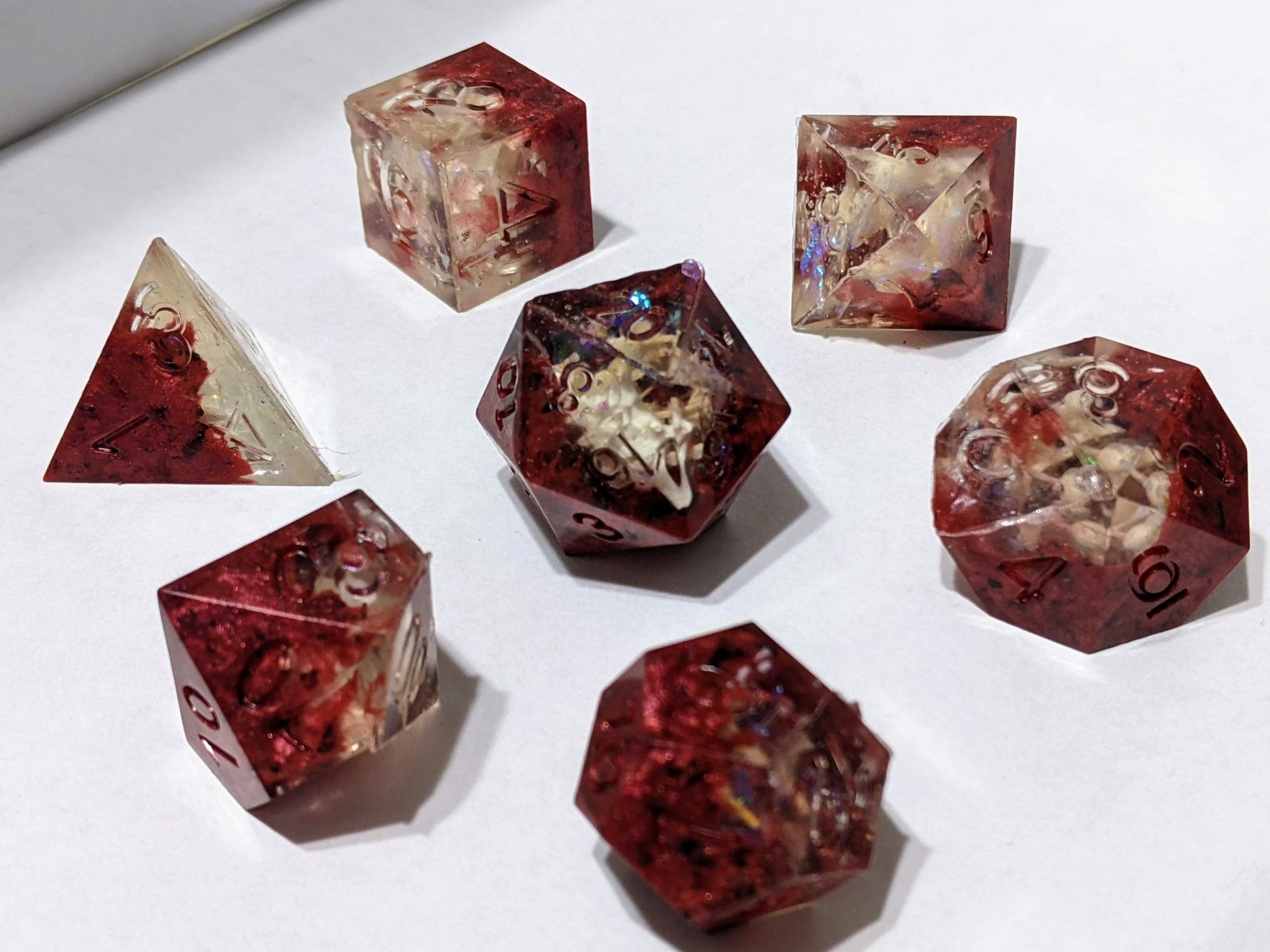 Snake blood dice! Half clear resin and Half scarlet resin with snake vertebrae 