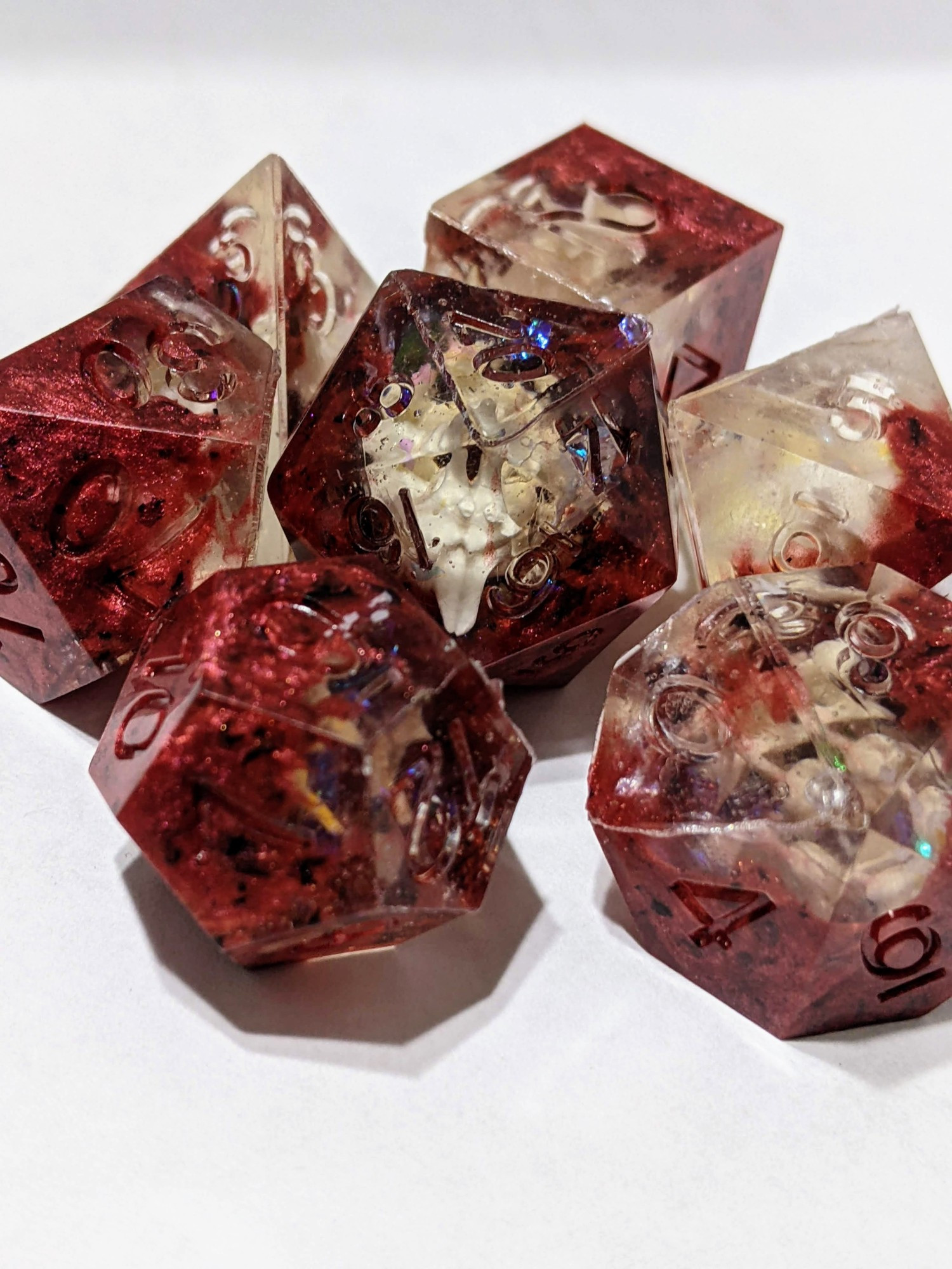 Snake blood dice! Half clear resin and Half scarlet resin with snake vertebrae 