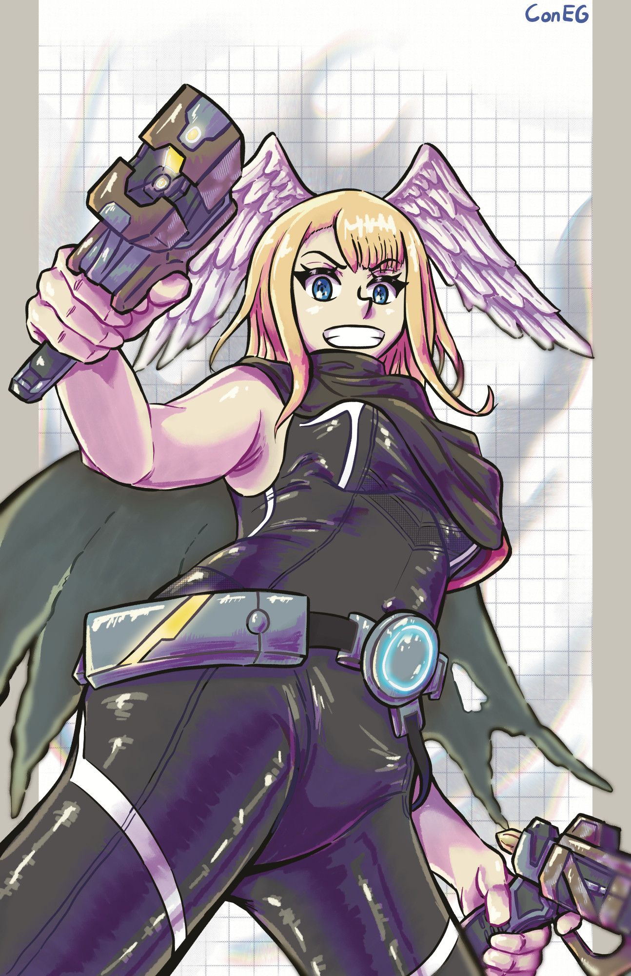 eunie from xenoblade chronicles 3 in the full metal jaguar outfit at a lower angle pov, she has a diabolical smile while pointing one of the guns towards where she's looking