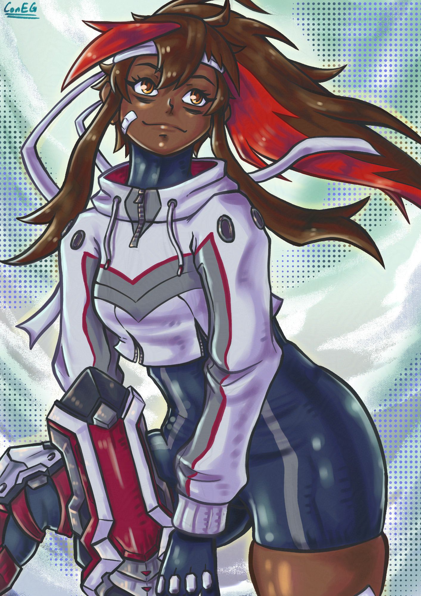 juliette from omega strikers (and the playtest for byte breakers), looking up while her hair and bandana strings flutter in the wind. she got her right leg lifted up a bit and arms dangling down