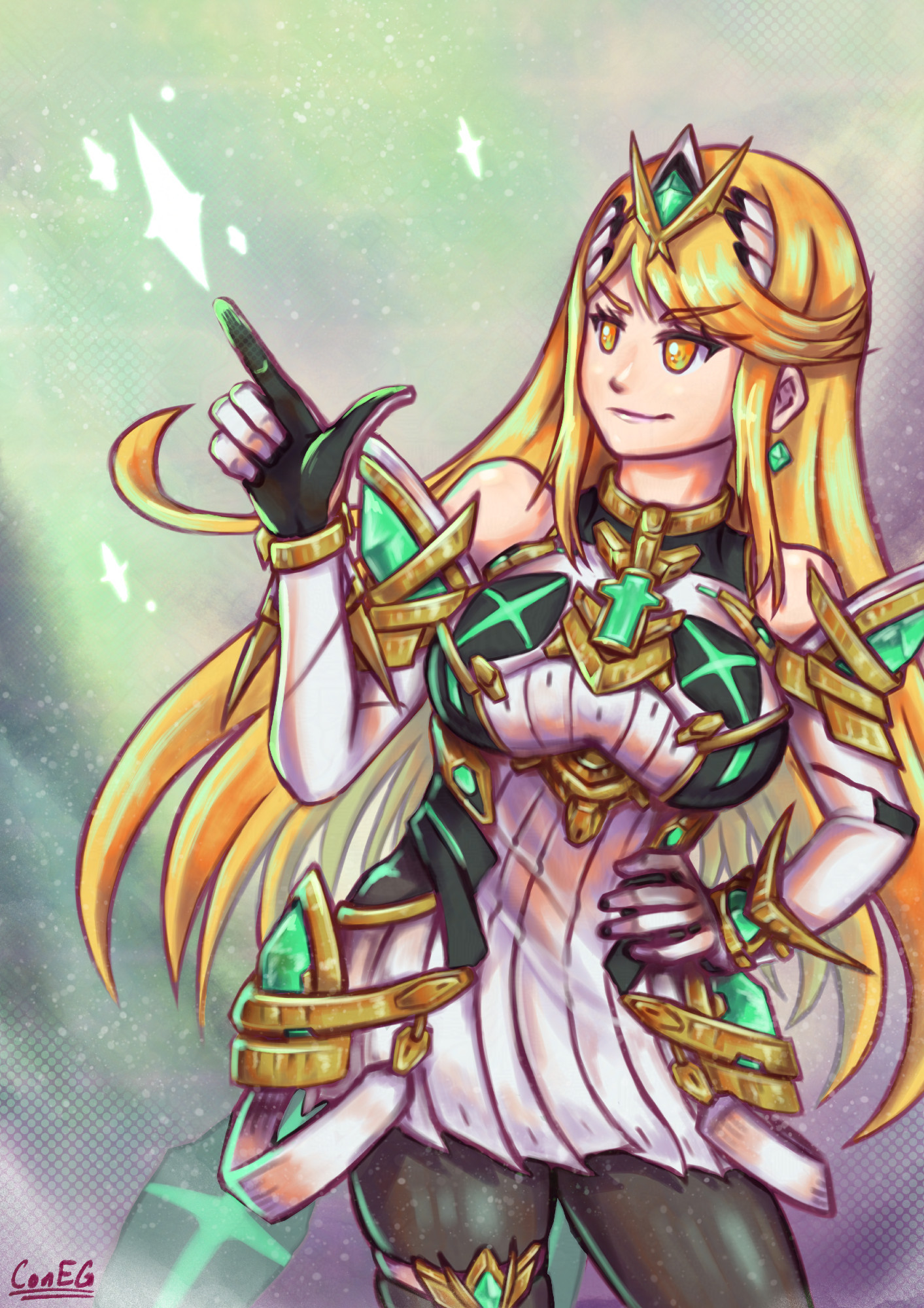 mythra from xenoblade chronicles 2 with a smug expression doing a finger gun pose, generating sparks of light