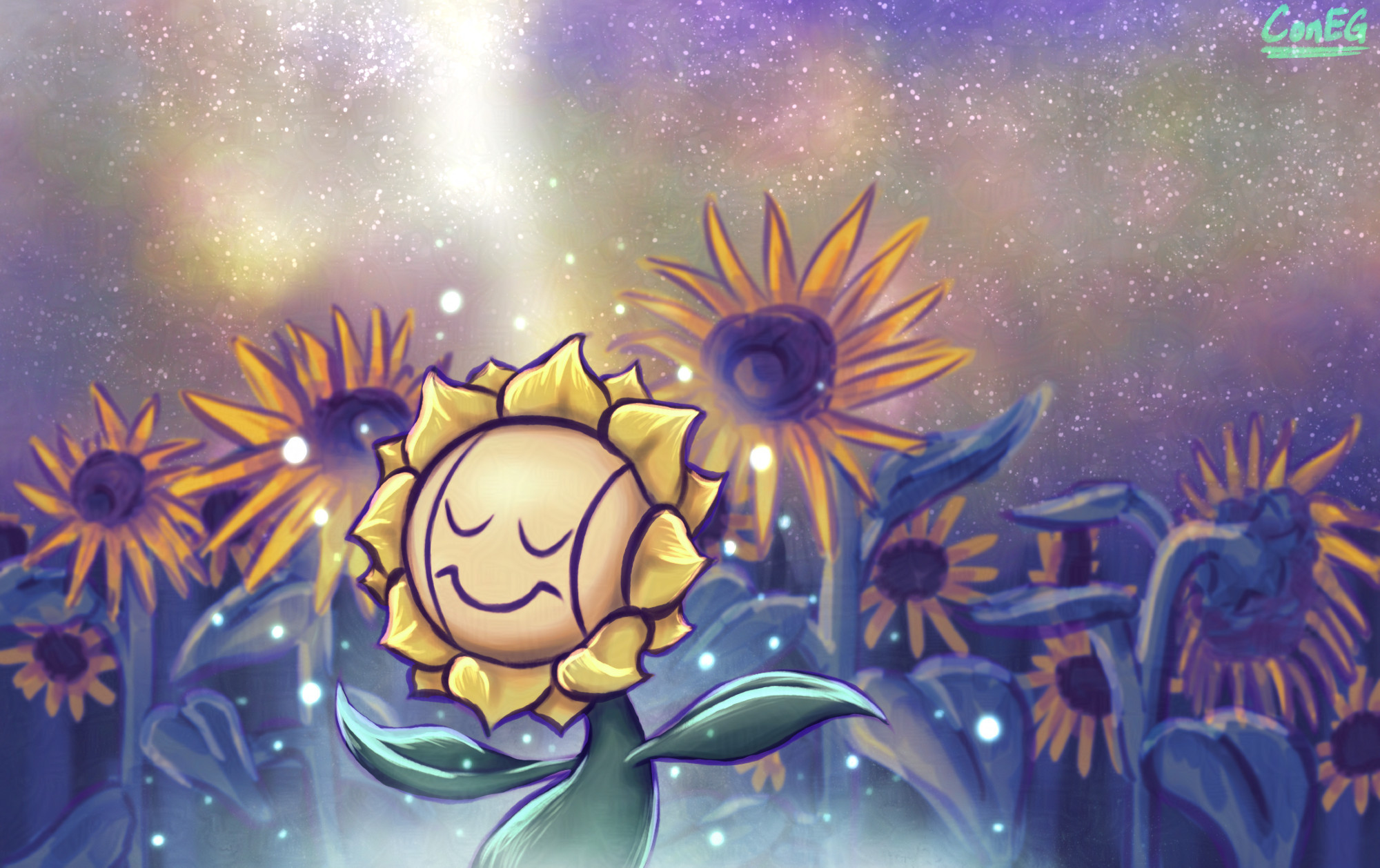 sunflora from pokémon glowing under a stardust night sky in a sunflower field