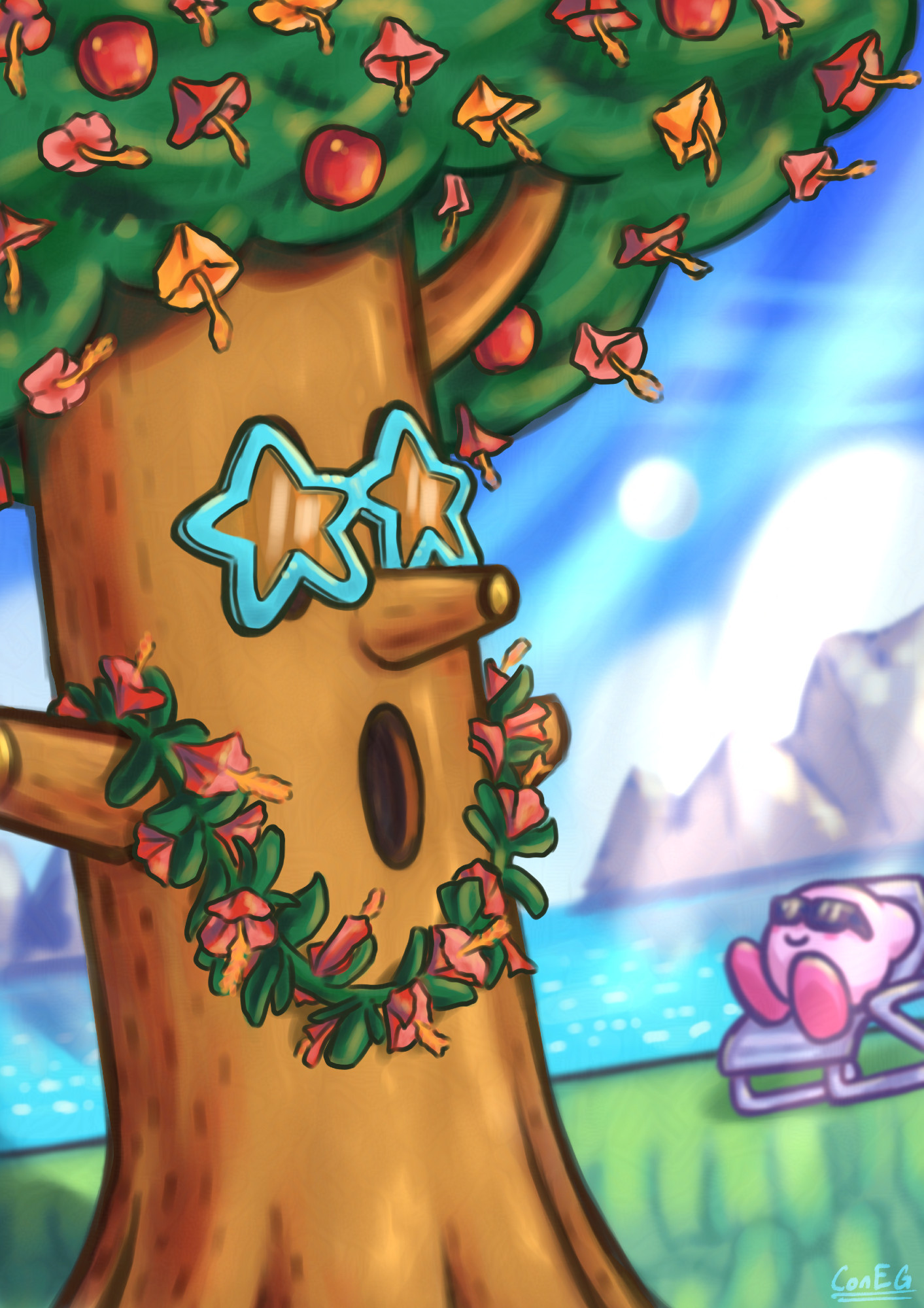 whispy woods from the kirby series with hisbuscus flowers in his leaves and on a lei while wearing star-shaped sunglasses. behind him is kirby in regular sunglasses relaxing on a beach chair near the water, with mountains and fluffy clouds on the horizon