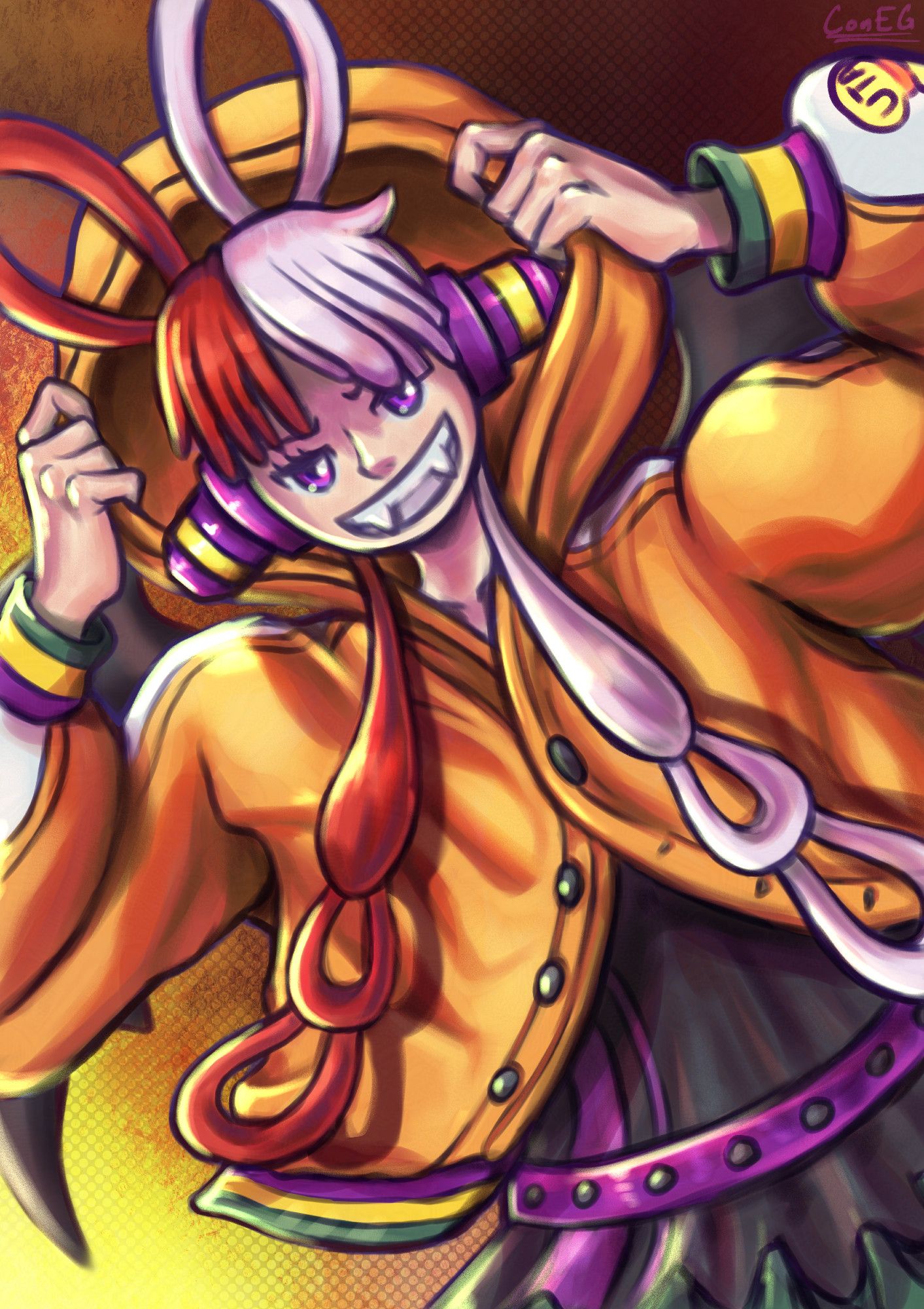 uta from one piece film red in her happy halloween design for some of the film's promos (and one piece bounty rush), making a devilish gremlin smile showing fangs while holding her hood almost over her head