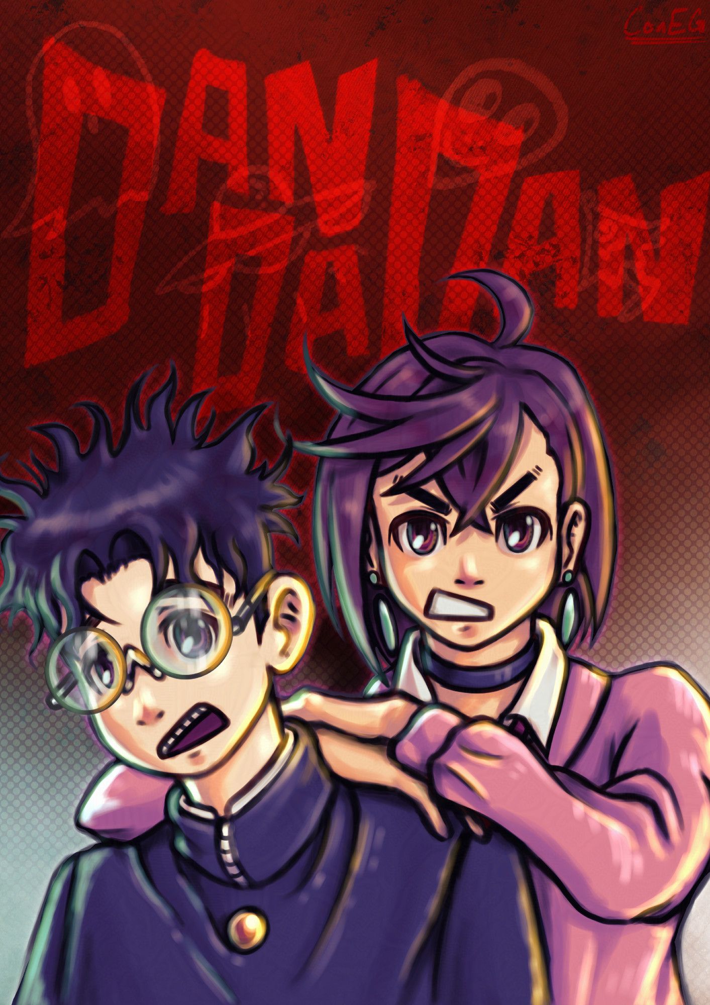 okarun and momo ayase from dandadan, where the latter has a goofy angry face while putting her arms up on the former. okarun has to shift his head forward and has a bit of a confused look. the background is a red halftoned texture with drawings of a ghost, ufo, alien, and yokai and the dandadan logo. foggy lights hit the characters from both sides, with a greenish one from the left and a yellow-orange one from the right