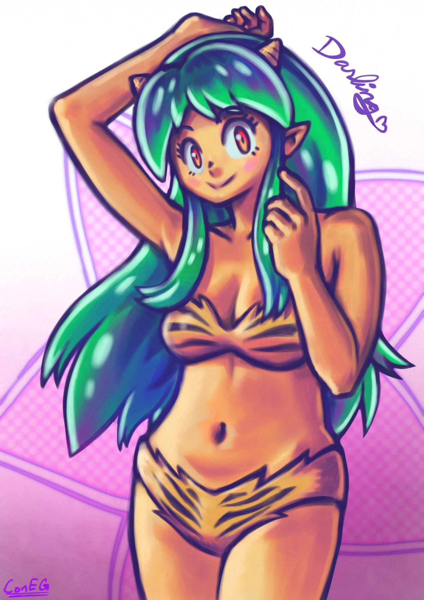 lum invader from urusei yatsura in her tiger print bikini and in a cute pinup pose in front of a white/pink background with a star