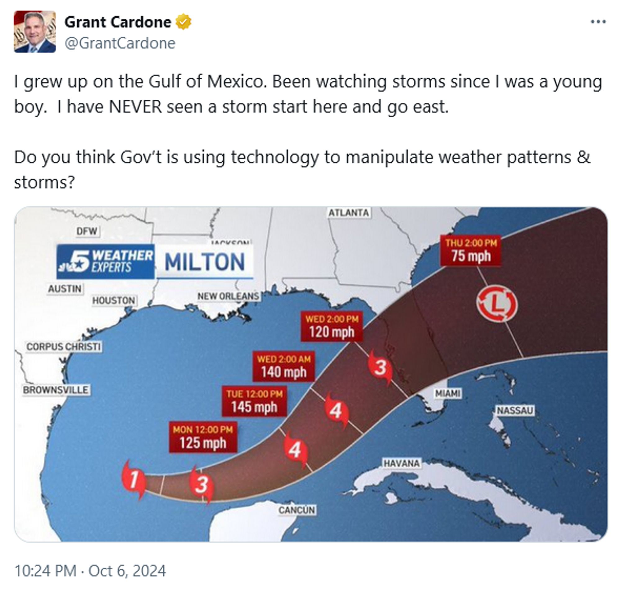 Grant Cadone, appararently a private equity fund manager if you believe his own X bio, writes:

"I grew up on the Gulf of Mexico. Been watching storms since I was a young boy.  I have NEVER seen a storm start here and go east.

Do you think Gov’t is using technology to manipulate weather patterns & storms?"