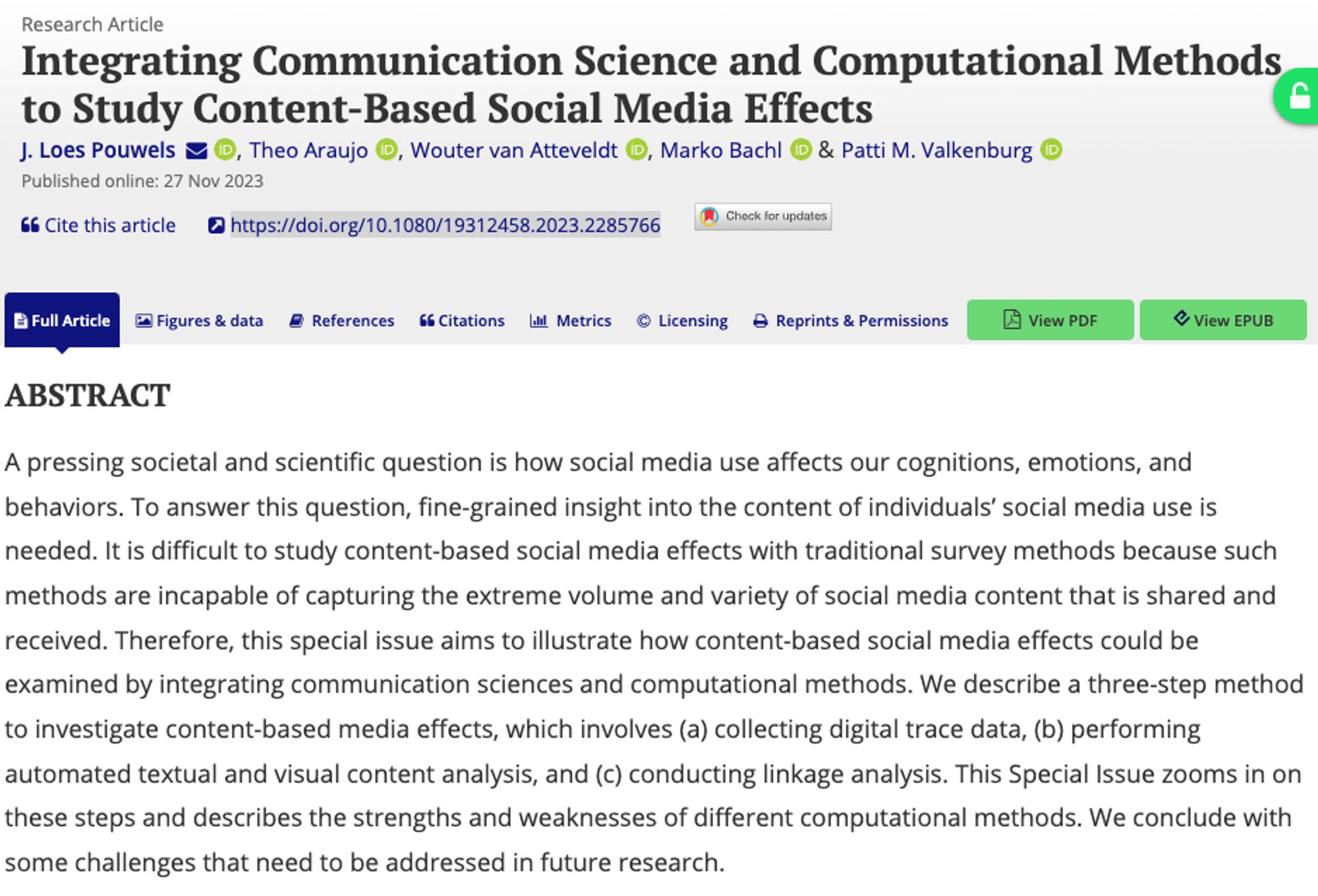 Screenshot of the Abstract to "Integrating Communication Science and Computational Methods to Study Content-Based Social Media Effects"