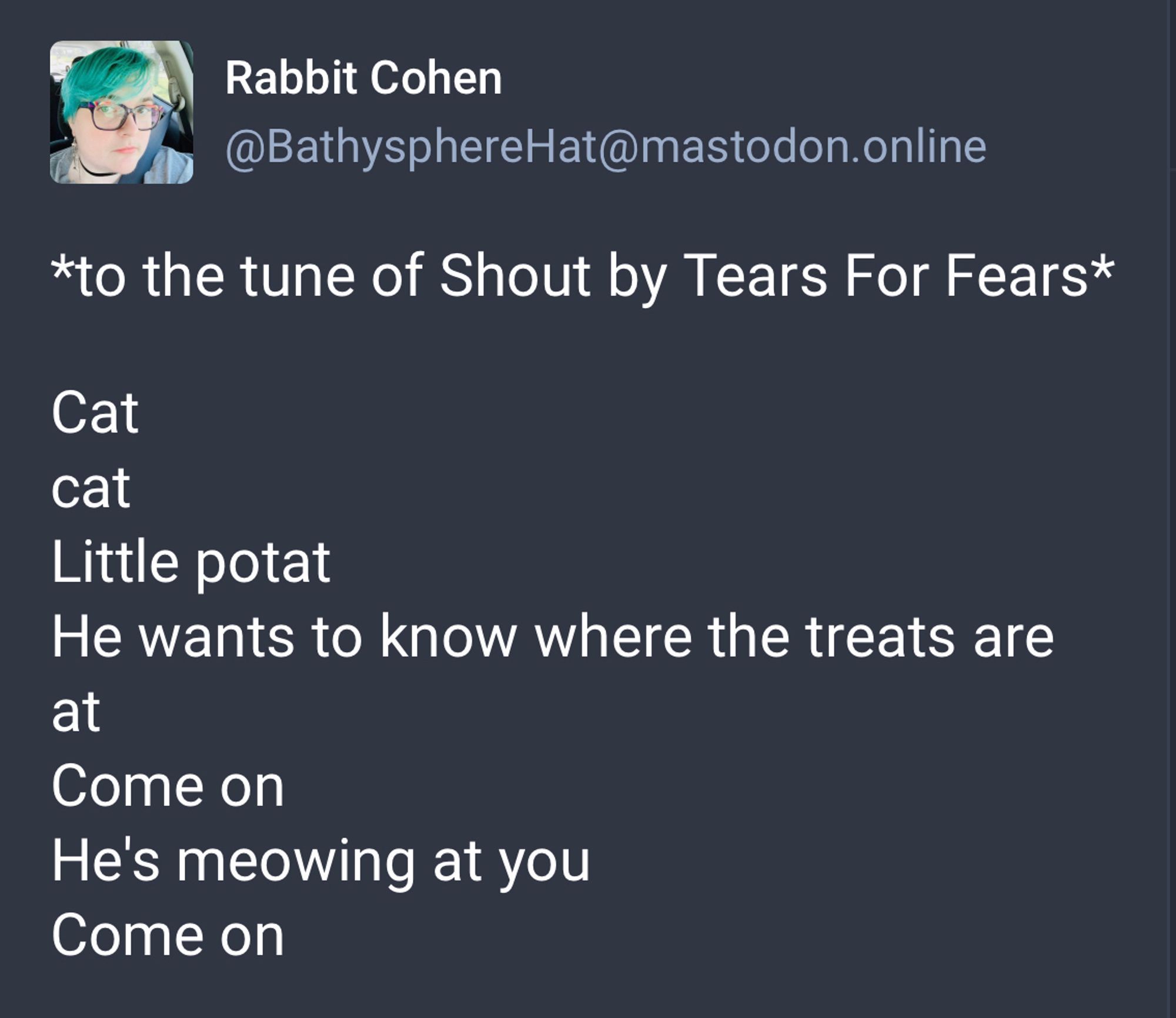 Post by Rabbit Cohen @BathysphereHat@Mastodon.online

*to the tune of Shout by Tears for Fears*

Cat
cat
Little potat
He wants to know where the treats are at
Come on
He's meowing at you
Come on