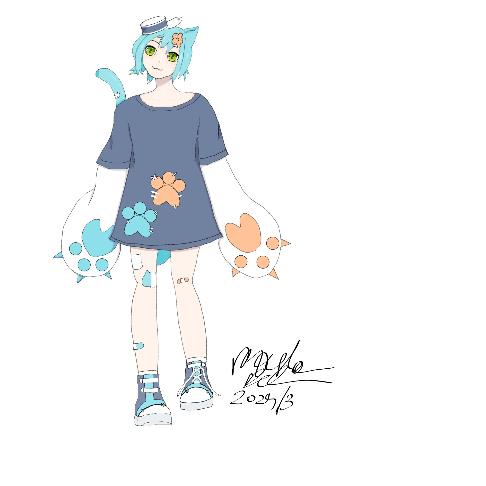 Finished digital Version of the pencil sketch of Krum.
Krumroll in her normal outfit. Oversized blue T-Shirt with an orange and blue paw-print sewn into it, big paw gloves, tuna can hat, fish shaped crackers as hairpins, kinda mismatched shoes and lots of band-aids.