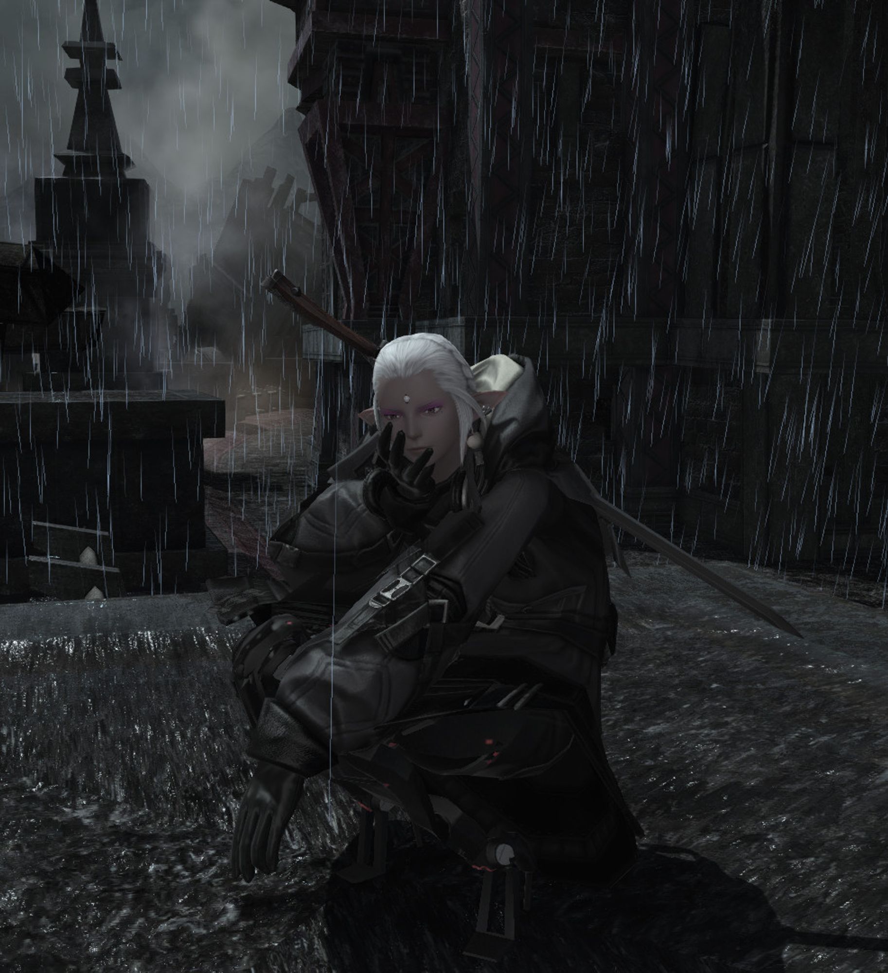 Screenshot from the mmo ffxiv.  A garlean woman squatting and looking around the destroyed garlean capitol. She has a gunblade on her back and black prosthetic legs.