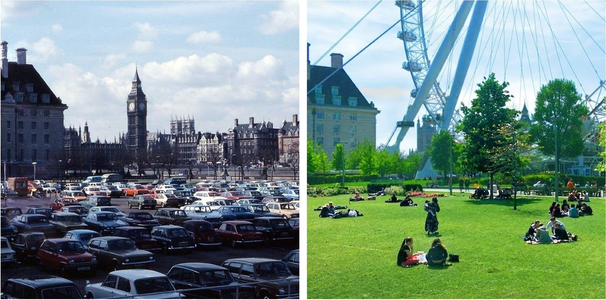 Left - 1970s photo of a huge car park on the banks of the Thames with City Hall and the Houses of Parliament in the background
Right - modern photo from roughly the same angle showing grass with people picnicking outside City Hall, with trees and the London Eye between the camera and Parliament