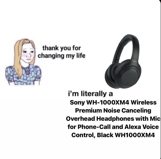 > thank you for changing my life

> i'm literally a Sony WH-1000XM4 Wireless Noise Canceling Headphones Overhead Headphones with Mic for Phone-Call and Alexa Voice Control, Black WH-1000XM4