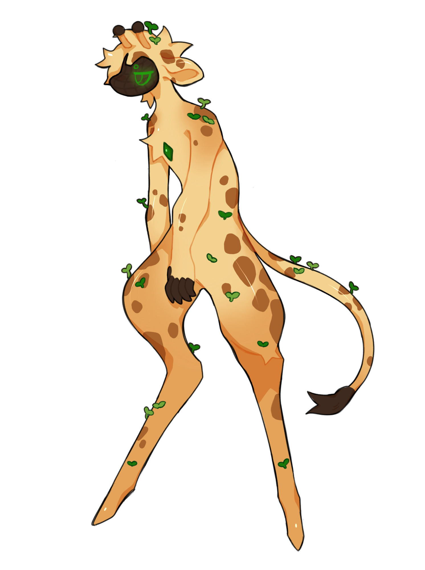 giraffe inspired character. 
character is facing to the left it has a screen face with sleepy looking eyes and a slouched posture.
the character is yellow/gold with spots and little green sprouts growing from the body