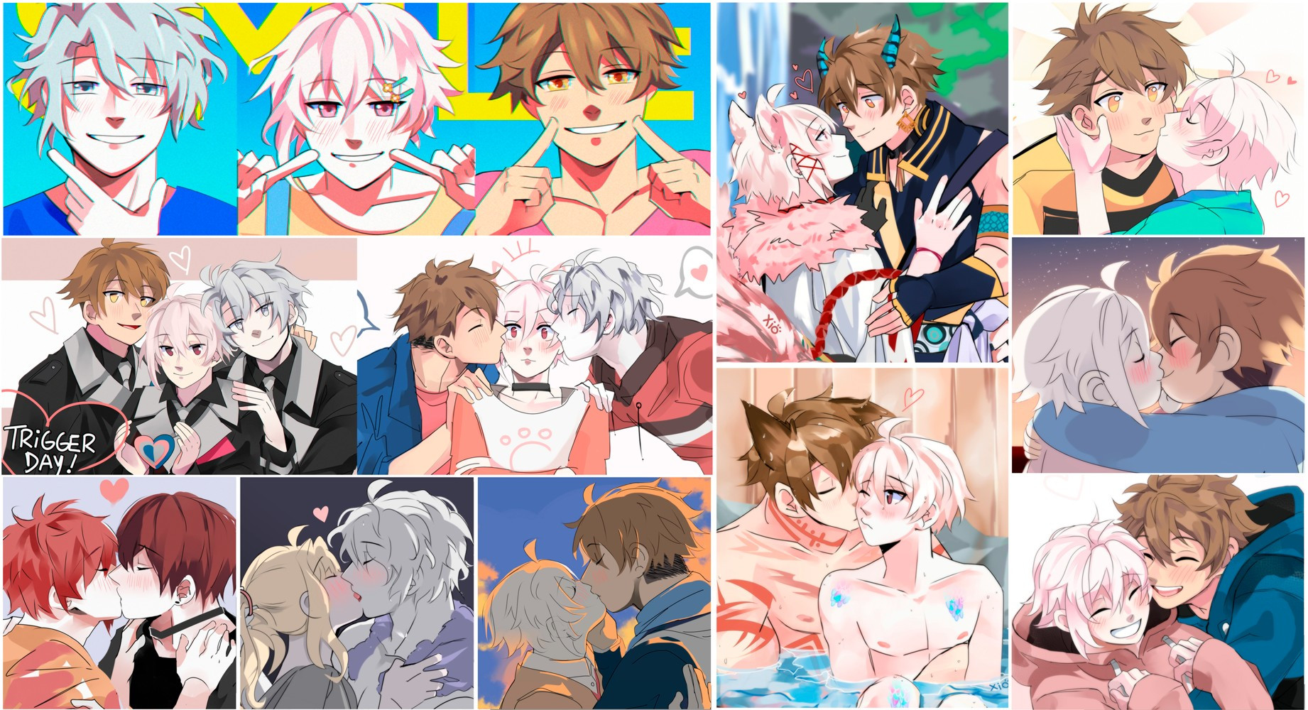 image shows a collage fanarts drew by the user. It shows a variety or them, from just TRIGGER art to her preferred ships (ryuutenn, gakutsumu, toumariku are on the picture).